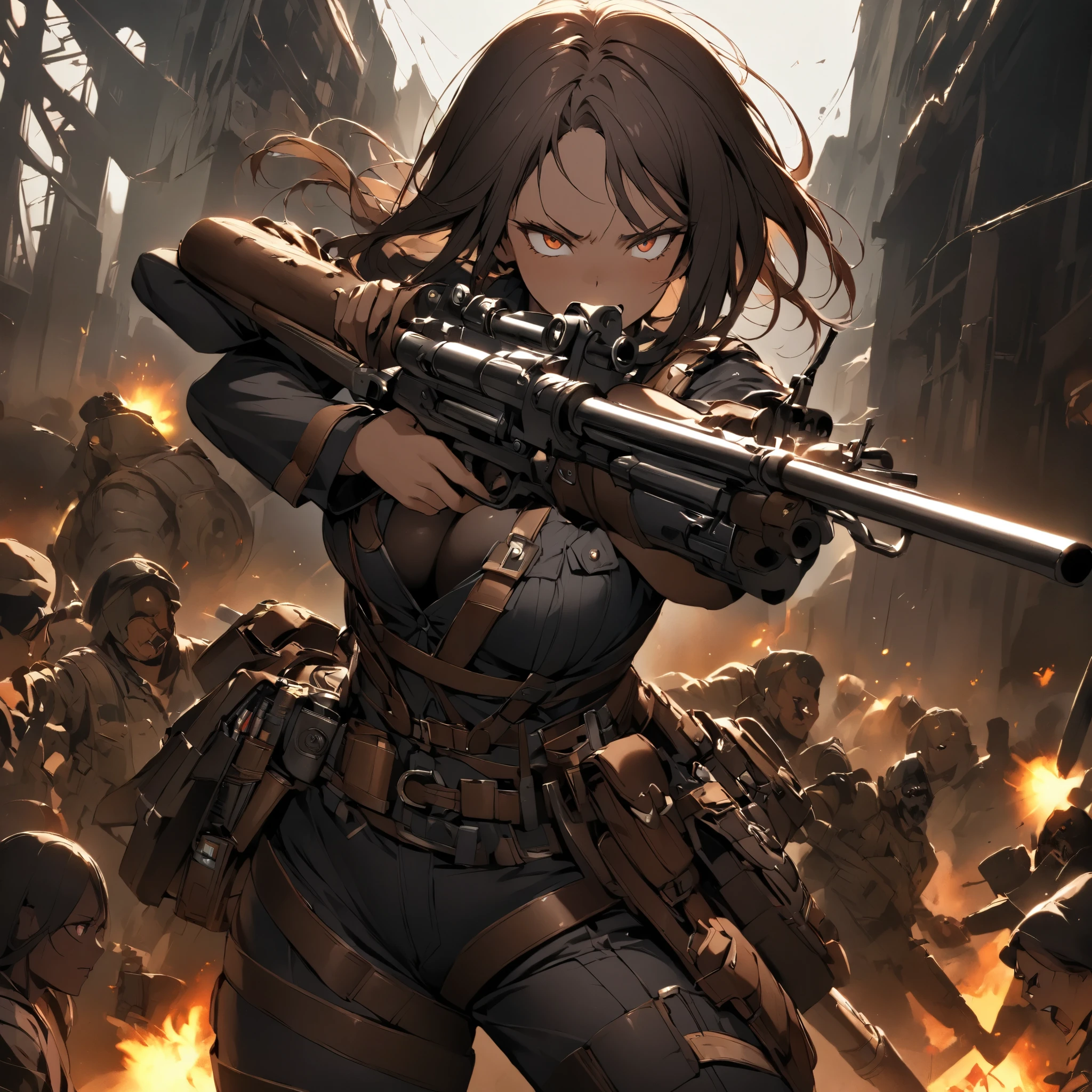 Beautiful Woman Shooting Enemies in the Apocalypse 、Walther P38、 Anatomically accurate firing 、 equipped with lots of tools on a tanned leather tool belt、Full Harness、 perfect eyes、Glossy brown skin 、Tattered clothes