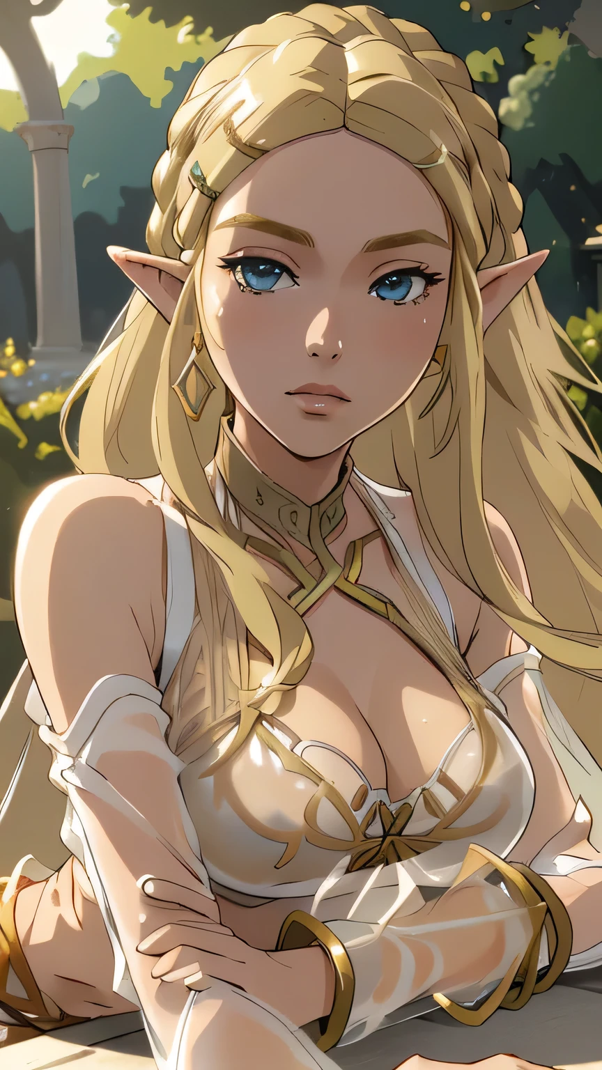 1girl in, 21, princess Zelda, photo of perfect woman, portrait, looking straight at camera, 5'3", Solo, Aesthetic artwork, (blond, straight blonde hair, waist length blond hair:1.25), (clear skin, pale skin, small breasts, B-cup, runners body, very thin waist, skinny, petite, detailed skin texture, (Masterpiece), (lying face down on a counter, chest squished down, leaning forward, sleepy expression, Half-Lidded eyes, glossy lips, cleavage, focus on breasts:1.2), ((she wears a see-through transparent white bikini, opaque clothing, jewelry, bangles, gold accessories. detailed background, garden, pavilion, (extremely detailed 8k wallpaper), evening outdoor lighting, high quality, film grain, Fujifilm XT3 sharp focus, f 5.6, 50mm, High Detail, Sharp focus, (natural light), crazy details, complex details, hyper detailed