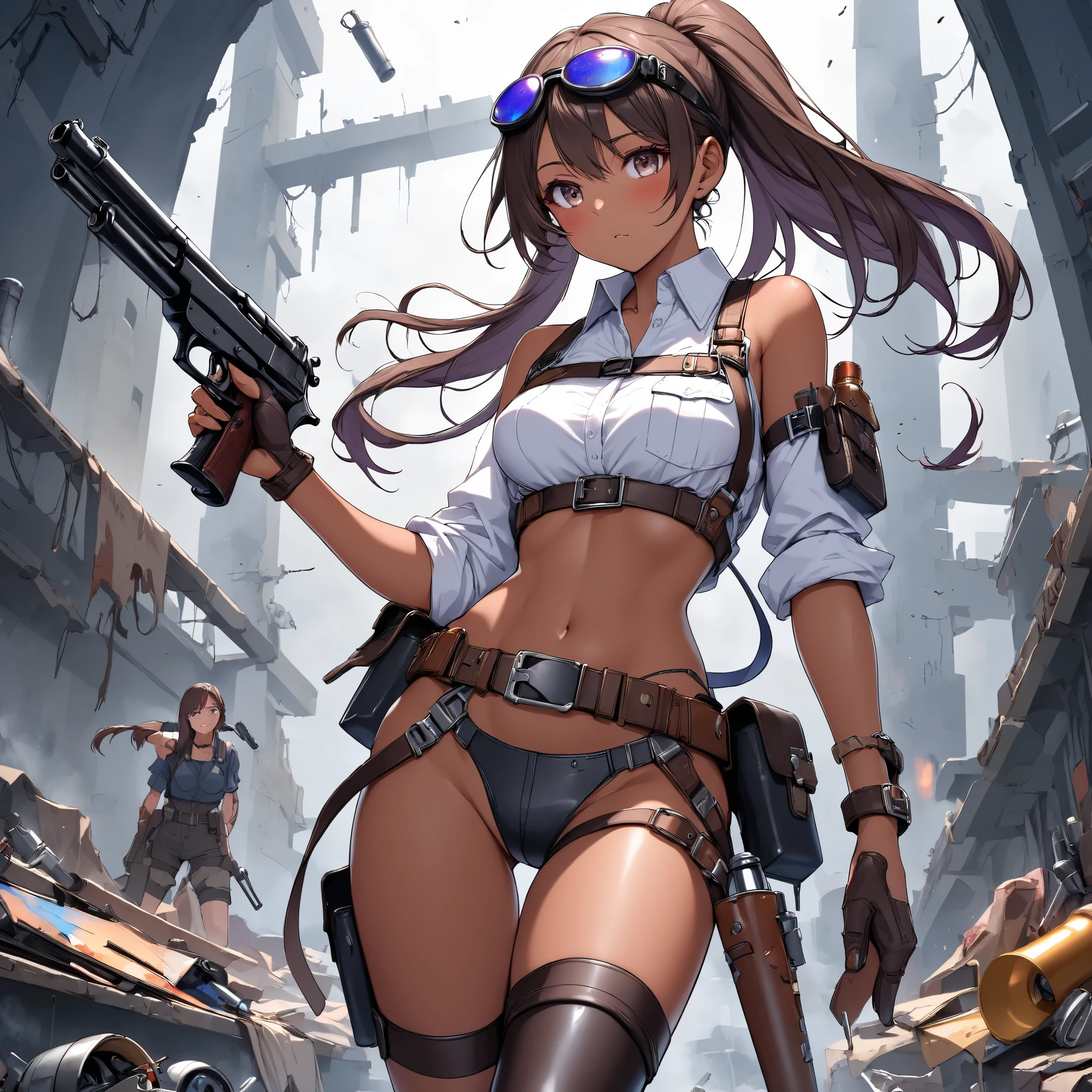 1girl, solo, weapon, shorts, gloves, gun, breasts, long hair, midriff, crop top, fingerless gloves, navel, shoes, full body, curly hair, cleavage, short shorts, hairband, submachine gun, yellow shorts, socks, holding weapon, holding, holster, simple background, tank top, sneakers, standing, belt, handgun, holding gun, white background, thigh holster, hair ribbon, collarbone, large breasts, bow, loose socks, medium breasts, looking at viewer