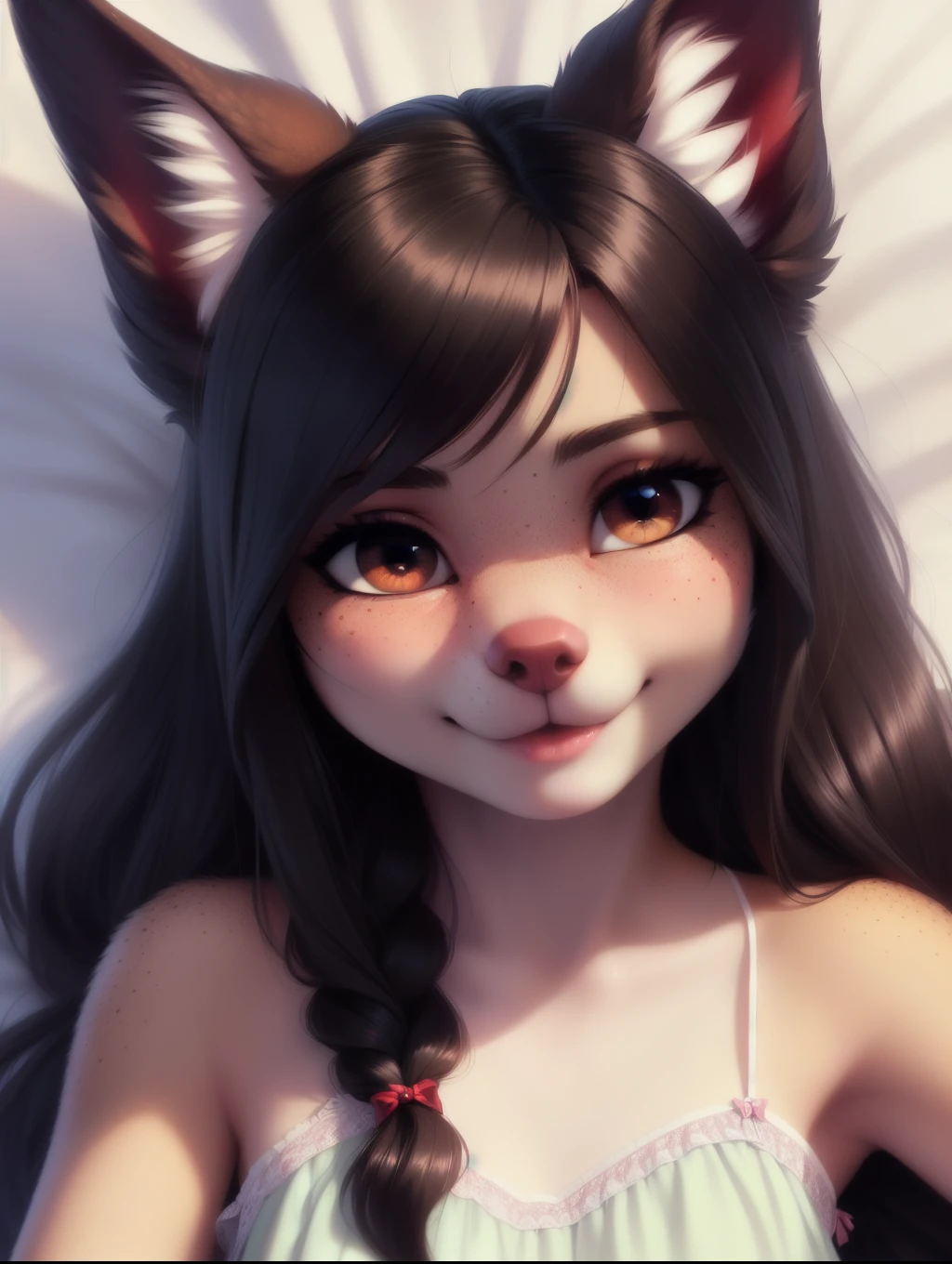 (source_e621), A beautiful and detailed (sweet portrait), ((girl anthro dog)), anatomically correct, Schlank, small breasts, Hochgeladen E621, detailed flauschige fur, (von Fluff-Kevlar, Bayard Wu, personalami, Iskra), 1girl, ((cute top)), adorable , facing viewer, bed, missionary position, 1girl, realistic, ultra sharp image, view from above, (solo), first person view, masterpiece, lying on her back, (lips), teeth, perfect eyes, absurd resolution, teenager, messy hair, dark hair, cute little fluffy ears, waiting , snout, cute nose, swept bangs, freckles, waist up,
