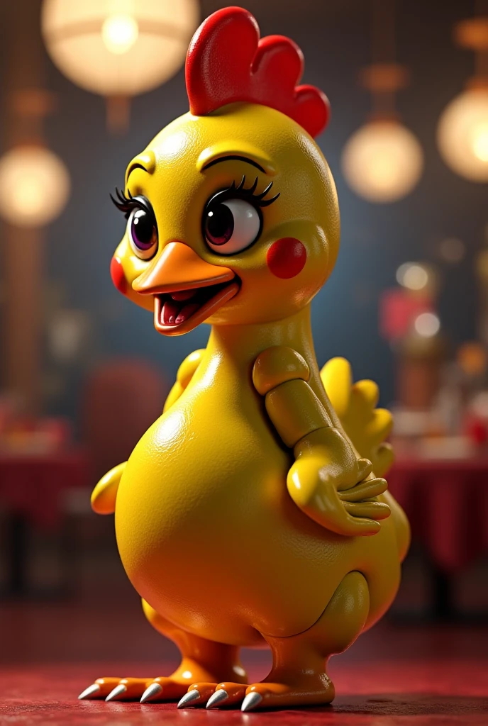 Adorable animatronic chicken girl toy five nights at Freddy in bikini skinny sexy body in the scary pizzeria with a burger bigger than her mouth and she has it in her hands and she chews it then eats it and her belly grows to the size of a woman pregnant with 3  and is. Very big that fits her pink bikini