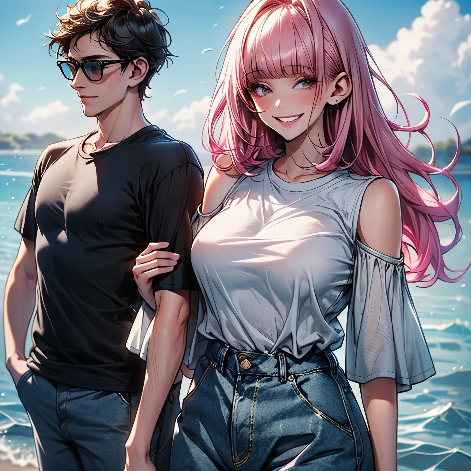 A cute and sexy 35-year-old woman, long hair, pink hair, no bangs, a bright and lively smile, wearing a pure white casual T-shirt, no pattern on the T-shirt, a casual oversized T-shirt, wearing denim pants, boyish clothing, the woman stands next to her husband, she has her husband's arm in her arm, having fun, blue sky, seaside