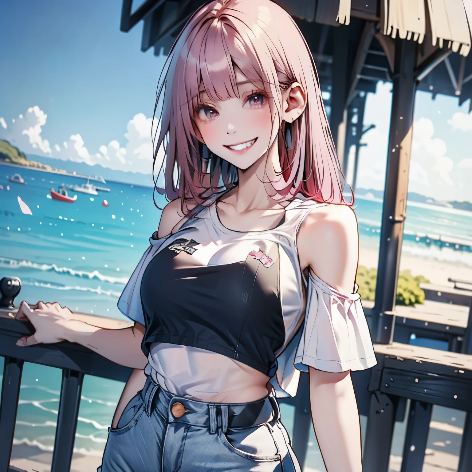A cute and sexy 35-year-old woman, long hair, pink hair, no bangs, a bright and lively smile, wearing a pure white casual T-shirt, no pattern on the T-shirt, a casual oversized T-shirt, wearing denim pants, boyish clothing, the woman stands next to her husband, she has her husband's arm in her arm, having fun, blue sky, seaside
