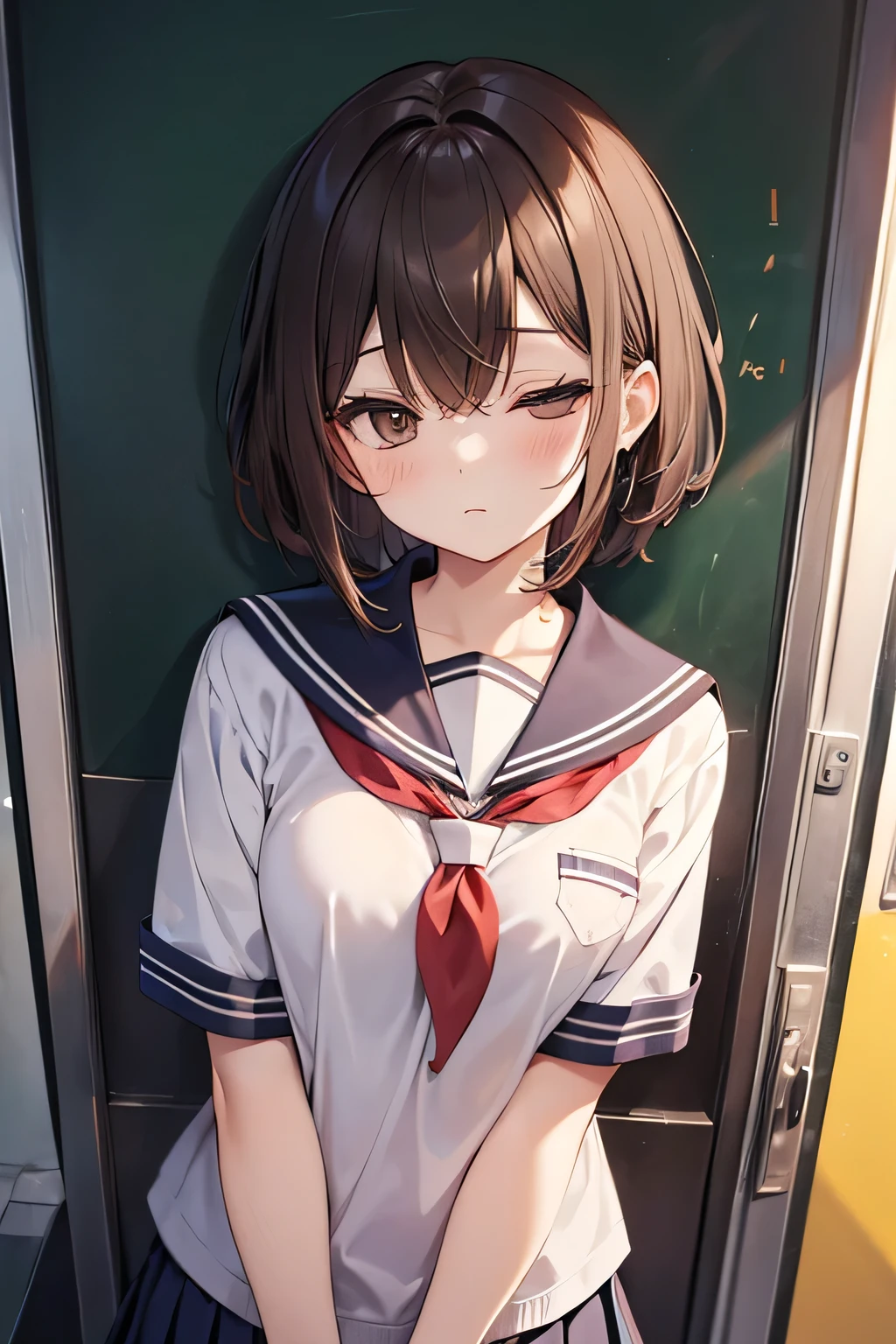 Anime girl in uniform standing in front of a door - SeaArt AI