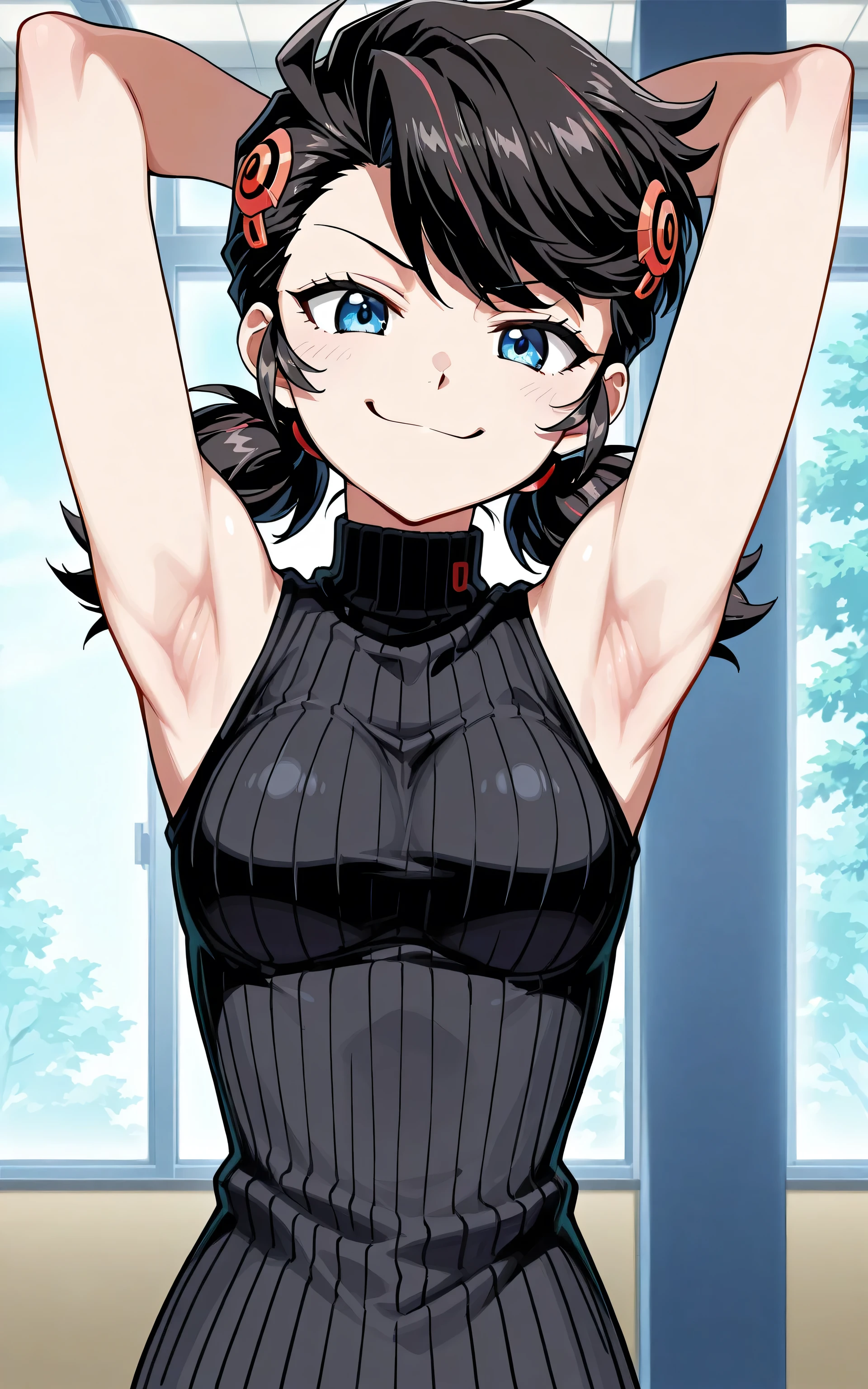 anime screencap, 1girl, solo, Peni Parker, twin tails, black hair, Blue eyes, black sweater, sleeveless sweater, ribbed sweater, turtleneck, breasts, sleeveless, bare shoulders, bare arms, arms behind head, armpits, head towards viewer, looking at viewer, smile, smug, indoors