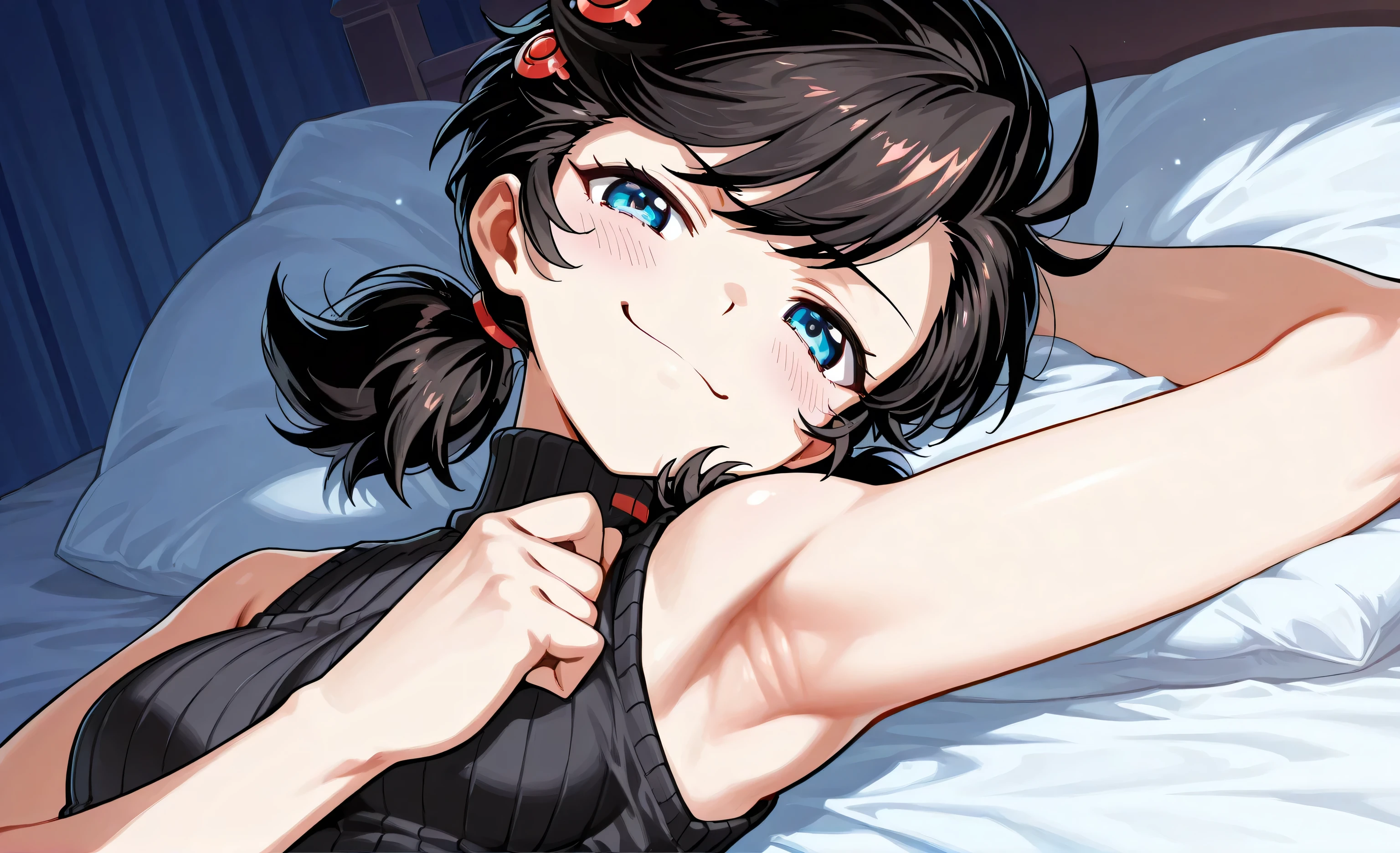 anime screencap, 1girl, solo, Peni Parker, twin tails, black hair, Blue eyes, black sweater, sleeveless sweater, ribbed sweater, turtleneck, breasts, sleeveless, bare shoulders, bare arms, arm behind head, armpit, head towards viewer, looking at viewer, smile, smug, closed mouth, blush, lying in bed, from side, low light,