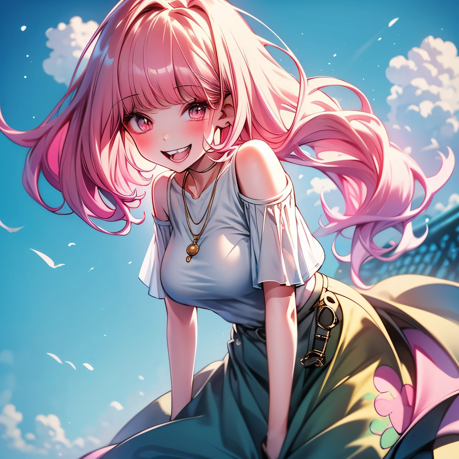 a cute and sexy 35-year-old woman, the woman has long hair, pink hair, no bangs, droopy eyes, a bright and lively smile, wearing a pure white casual T-shirt, no pattern on the T-shirt, a casual oversized T-shirt, wearing denim pants, boyish clothing, the woman stands next to her husband, she has her husband's arm in her arm, having fun, blue sky, seaside