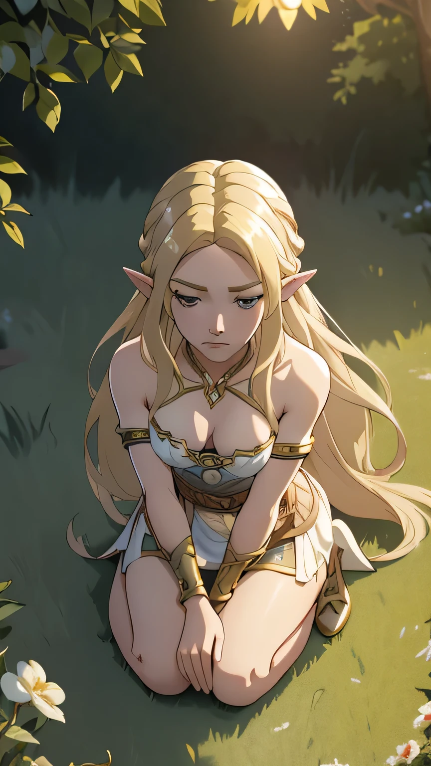 1girl in, age21, princess Zelda, photo of perfect woman, portrait, looking straight at camera, 5'3", Solo, Aesthetic artwork, (blond, straight blonde hair, waist length blond hair:1.25), (clear skin, pale skin, small breasts, B-cup, runners body, very thin waist, skinny, petite, detailed skin texture, (Masterpiece), (kneeling down before master, splits kneeling, legs apart), looking up at pov, sad expression, pleading, overhead perspective), (cleavage, focus on breasts:1.2), (she wears a see-through transparent white loin cloth, topless, nsfw, opaque clothing, jewelry, bangles, gold accessories. detailed background, garden, pavilion, (extremely detailed 8k wallpaper), outdoor lighting, high quality, film grain, Fujifilm XT3 sharp focus, f 5.6, 50mm, High Detail, Sharp focus, (natural light), crazy details, complex details, hyper detailed