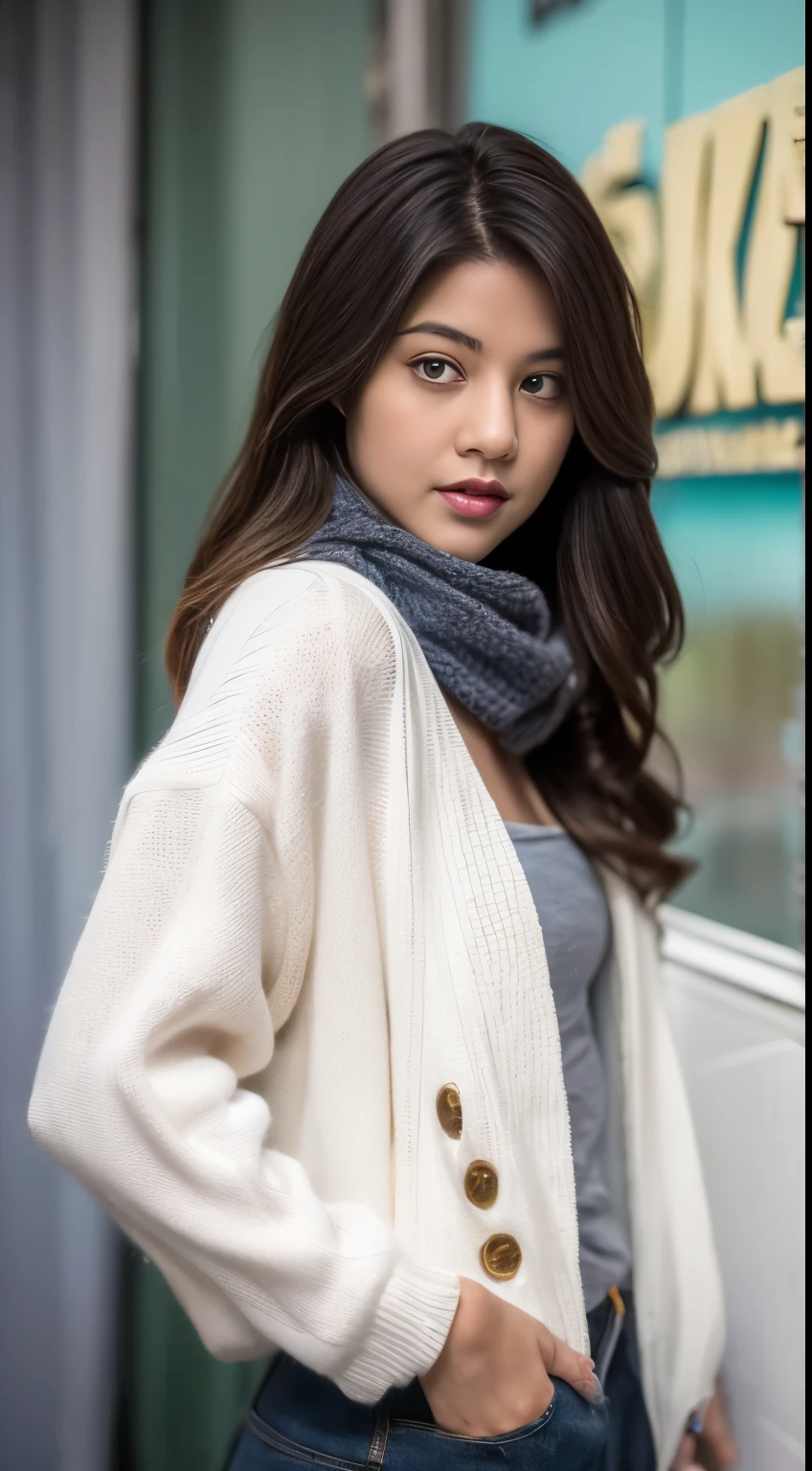 8k quality,masterpiece,best quality,cleveage,outdoor shopping ,A woman who looks 50 years old,Slightly plump women,Wearing white underwear on the lower body,Wearing black underwear on upper body,Sweater coat