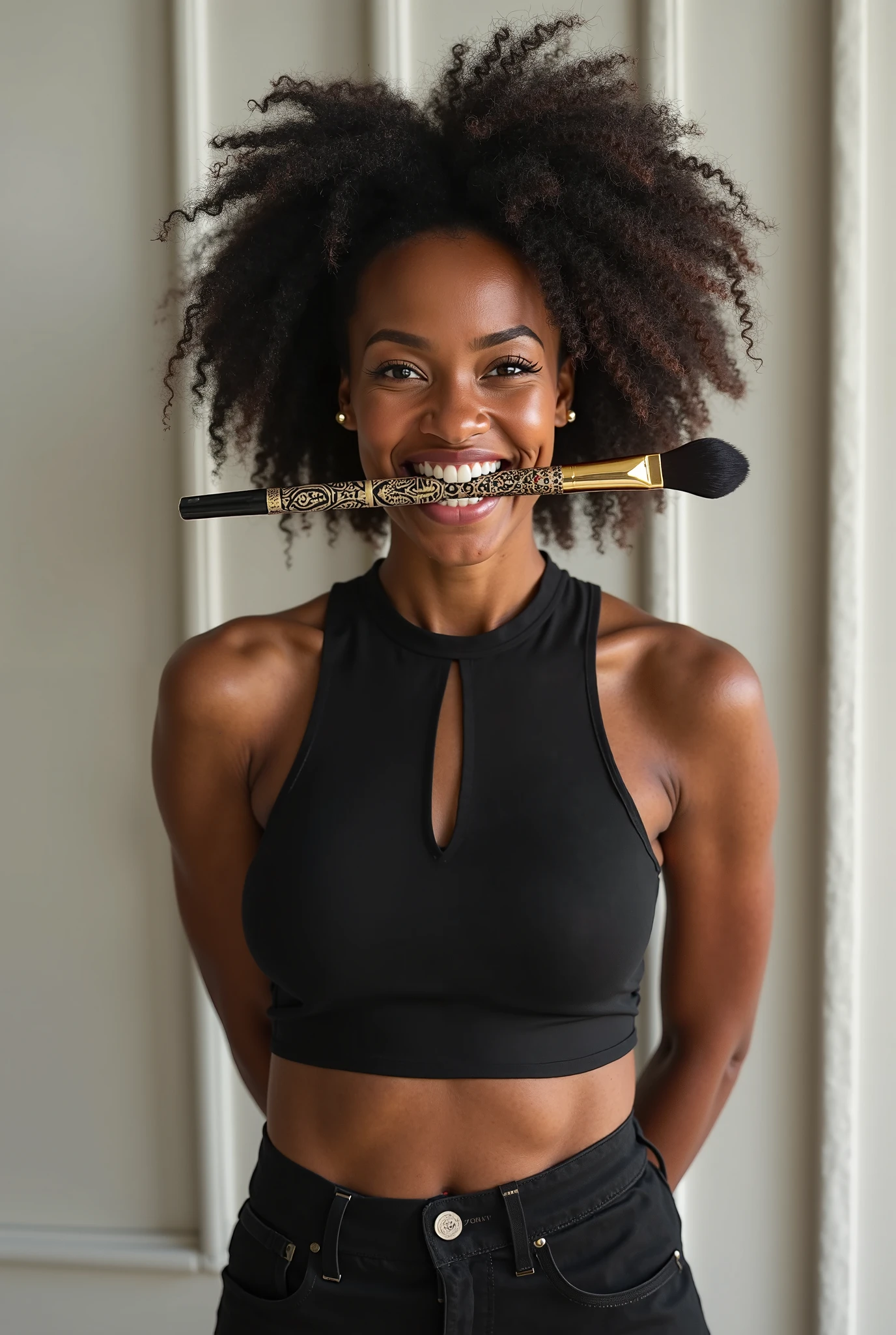 naked black woman with short white hair plays the violin