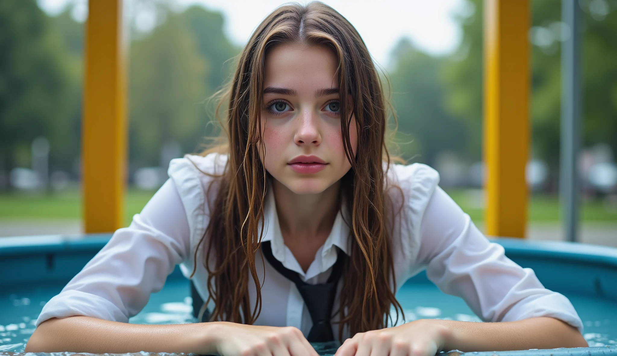 A beautiful 18-year-old girl in office wear, dunked in a dunk tank. She has her hands pressed against the front of the tank. She is facing the viewer.