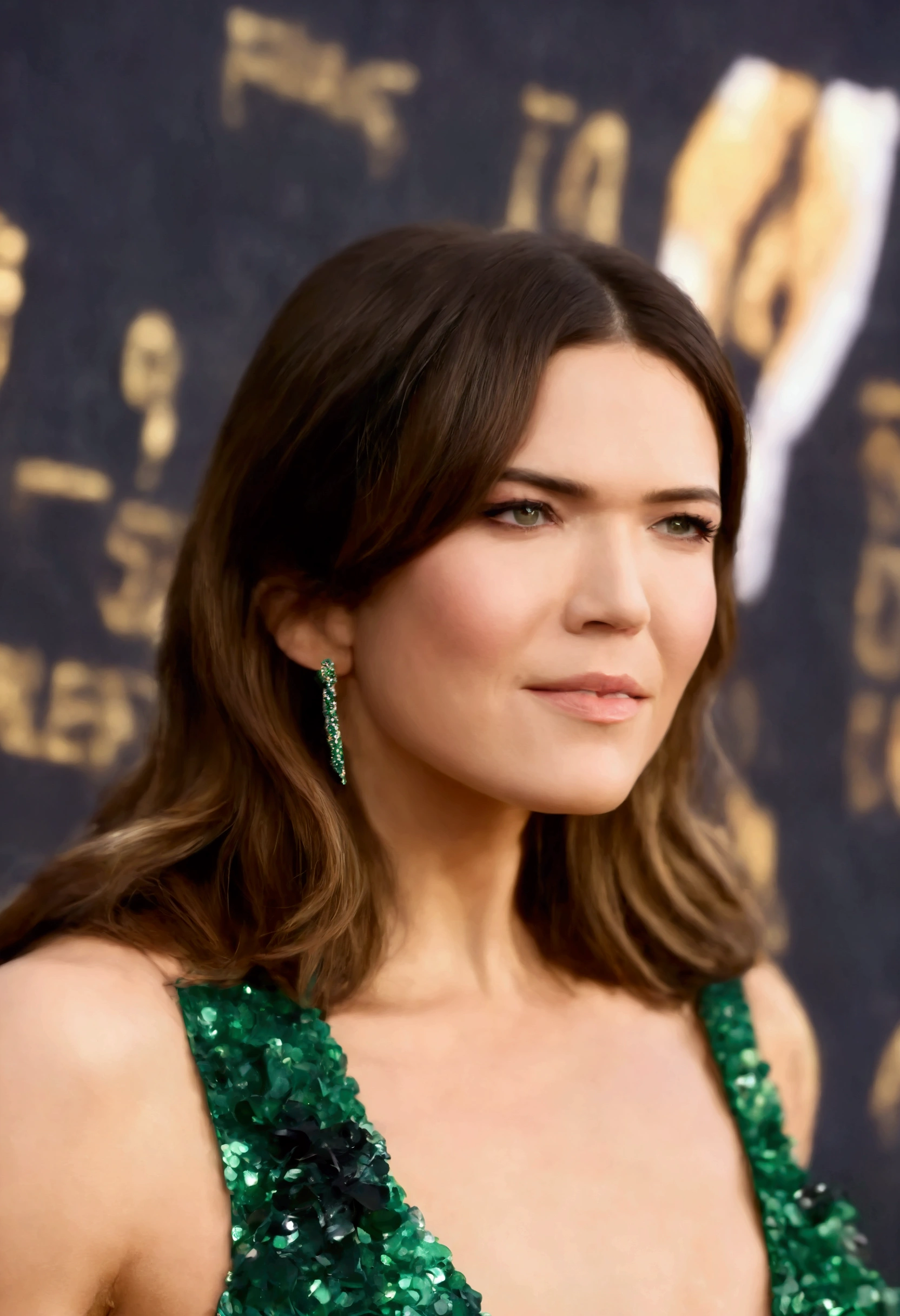 best quality, highres, 8k, masterpiece, photography, detailed midbody photorealistic portrait. Jade Jewels celebrates Mandy Moore's emerald glamour. Her jade silk dress accentuated with jewelled detailing radiates sophistication and opulence. She pairs it with black gloves and heels. Her chestnut brown hair rests softly against her ears as she confidentially leads her followers towards submission. 40 years old, (real skin texture: 1.3), (slender figure: 1.1), six-pack abs, (Immersive Ambience, Chiaroscuro: 1.5, Dim Light: 1.2, Glow Lighting), (Bokeh: 1.5), Blurred, high contrast, (Fuji colours: 1.5), film grain