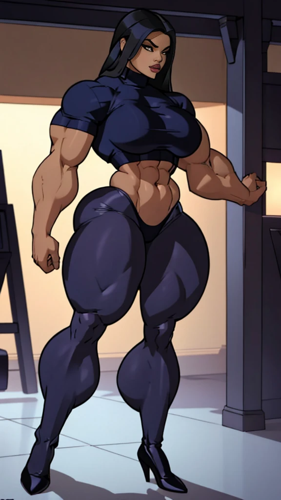 a muscular female bodybuilder in office suit, detailed face, beautiful detailed eyes, beautiful detailed lips, extremely detailed face and muscles, long eyelashes, strong muscles bulging through suit, dynamic pose, professional studio lighting, hyperrealistic, 8k, high quality, photorealistic, physically-based rendering, concept art, dramatic color palette,(from behind big ass,face looking at left side)