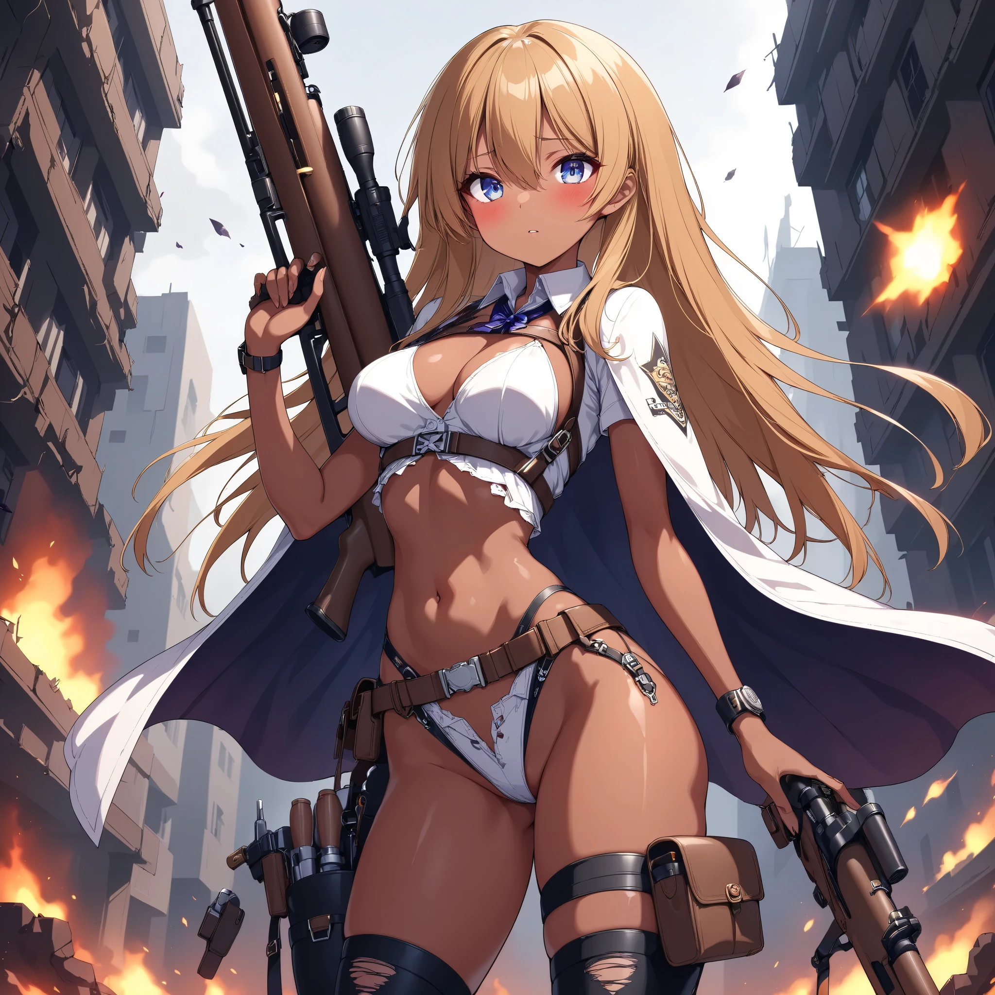 masterpiece、highest quality、Ultra-high resolution、Maximum resolution、Very detailed、Professional Lighting、anime、woman、thin、so beautiful、Bunny girl、Has an assault rifle、Red Eye、Blonde、long hair、Fingerless gloves、Equipped with shooting glasses、Alone on the battlefield、Shield bearer、