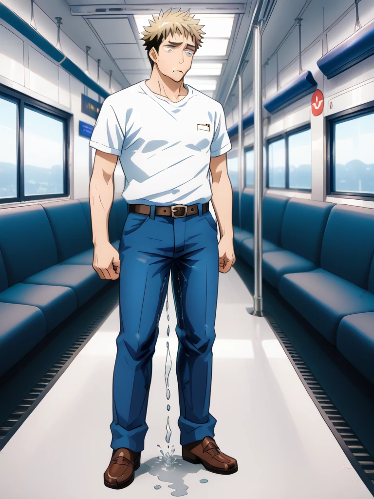 In the morning train, there's a slender and mascular young man in his blue short pants. He is pissing himself. His pants has a pee wet spot at the bulge of his pants . His pee is dropping off from his pants. There's a pee puddle at his feet. He is holding his crotch to stop peeing. He looks ashamed of pissing himself.Anime.