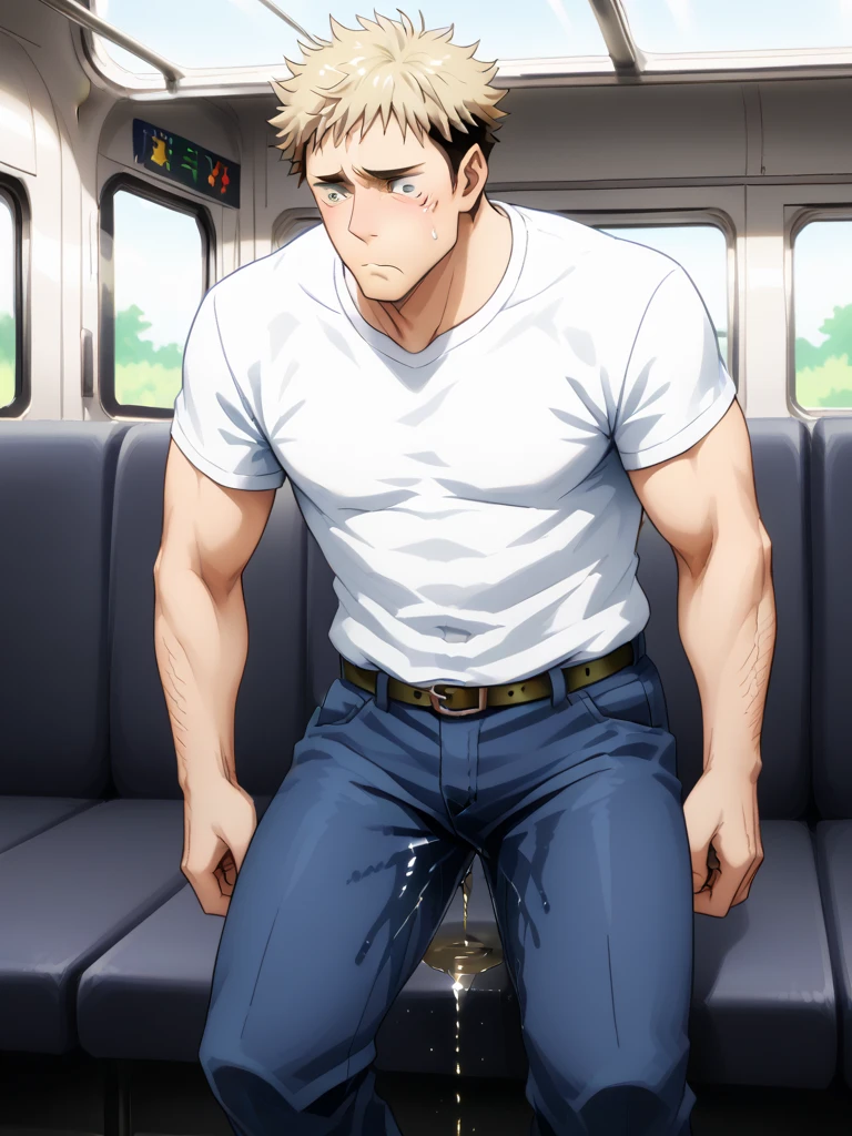 Daiki_aomine, muscle, male, blue eyes, dark blue hair, dark skin, nude, hyper balls, gapping nipples, gaping urethral orifice, gaping penis, small penis, ahegao, happy face, milk from nipples, train station, people in back ground 