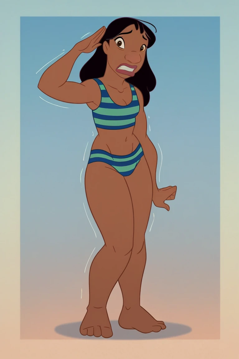 Ralph Bakshi Style, Curvy blue eyed girl with long wavy black hair and small breasts, nudity1.5, (extreme nsfw)2.5, (tiny_slingshot_bikini), (tits out)1.5, lewd, tropical island setting