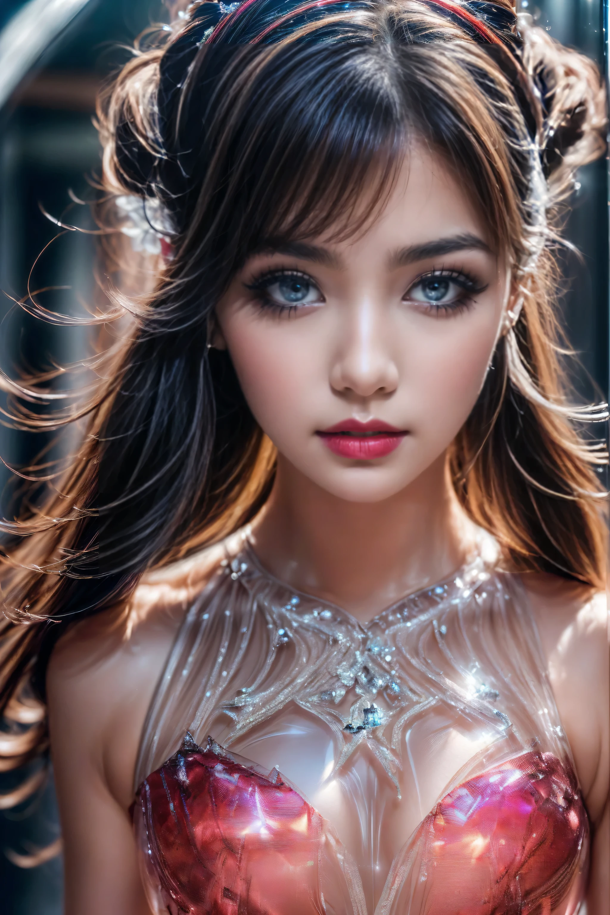 A sultry 27-year-old woman poses confidently before a dark studio backdrop, piercing blue eyes gleaming as she tilts her head forward, showcasing her uncovered 38D cup. The mega tits studio lighting casts a flattering glow on her chiseled features and statuesque figure, highlighting every curve of her perfect body. In the background, a breathtaking galaxy sprawls across the sky, its stars twinkling like diamonds against the inky blackness. A captivating close-up shot captures the introspective expression of a 28-year-old woman, her twintail hairstyle and latex attire exuding intimacy as she contemplates something profound amidst the dimly lit private study's mystique atmosphere. Framed by lush floral patterns and ruffles on her bold, 1990s-style dress, her confident pose showcases curves accentuated by flowing fabric. The vibrant background swirls with shapes and hues, drawing the viewer's eye to her radiant smile and bright, inquisitive gaze. Perfectly captured by the ultra- quality DSLR camera.In a striking 16K UE5 editorial photograph, Olivia Gibbs poses against a vibrant patchwork backdrop reminiscent of ancient Rome's colorful mosaics. The model wears an exquisite Haute Couture ensemble: a lavish velvet dress with intricate ruffles, complemented by a dazzling diamond necklace and earrings forming a collar. Her loose braids adorned with crystal beads shimmer in the bright sunlight, accentuating her features. Against this whimsical setting, Olivia strikes a bold pose, surrounded by blurred lines, distorted shapes, and edgy silhouettes that defy gravity. In a vibrant, swirling vortex of psychedelic art, a 1.3-meter-tall blonde-haired girl with twintails stands confidently, her eyes glowing with an otherworldly intensity. She wears oversized street-inspired clothing with graphic prints and bold accessories, exuding an air of futuristic coolness. The cowboy shot framing captures her striking figure, with the digital sculpture's 3D form seemingly bursting forth from