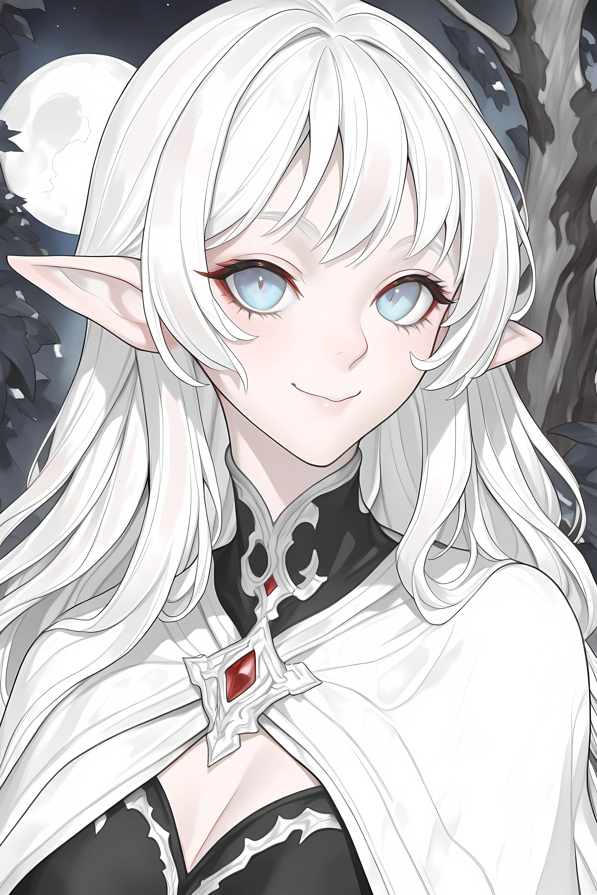 a portrait of a female elf vampire traveling on the forest road, an exquisite beautiful female elf (ultra details, Masterpiece, best quality), red hair, small pointed ears, pale skin, long hair, blue eyes, smirking, wearing dark black silk dress, intricate dress, dress (ultra details, Masterpiece, best quality), white cloak, in dark fantasy forest at night, dark trees, the moon is high in the sky, best anatomy, high details, best quality, 16k, [ultra detailed], masterpiece, best quality, (extremely detailed), close up, ultra wide shot, photorealistic, RAW, fantasy art, dnd art, fantasy art, realistic art,((best quality)), ((masterpiece)), (detailed), perfect face, RAW, dark fantasy art, 