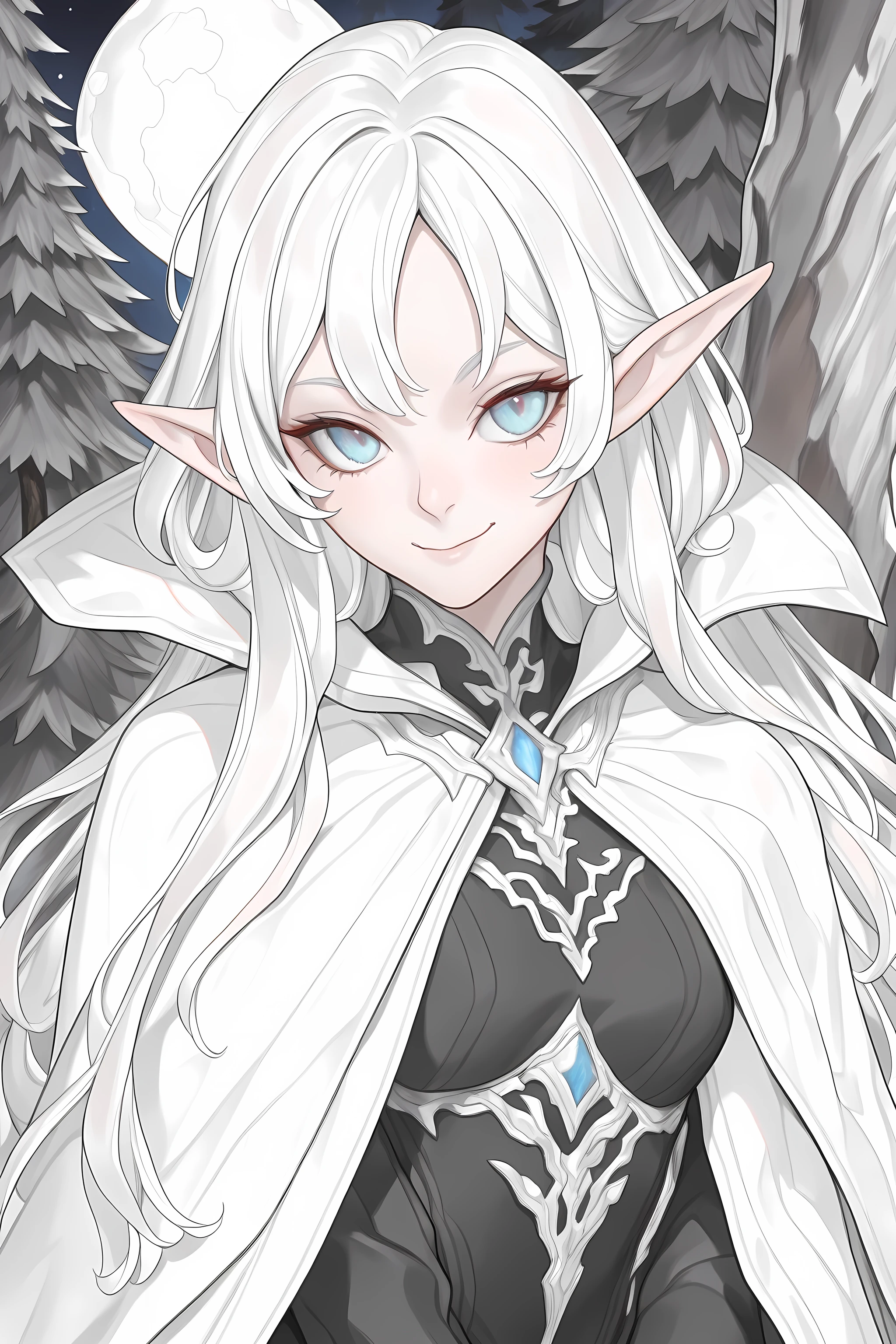 a portrait of a female elf vampire traveling on the forest road, an exquisite beautiful female elf (ultra details, Masterpiece, best quality), red hair, small pointed ears, pale skin, long hair, blue eyes, smirking, wearing dark black silk dress, intricate dress, dress (ultra details, Masterpiece, best quality), white cloak, in dark fantasy forest at night, dark trees, the moon is high in the sky, best anatomy, high details, best quality, 16k, [ultra detailed], masterpiece, best quality, (extremely detailed), close up, ultra wide shot, photorealistic, RAW, fantasy art, dnd art, fantasy art, realistic art,((best quality)), ((masterpiece)), (detailed), perfect face, RAW, dark fantasy art, 