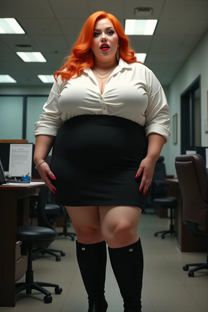 A happy and excited photo of a Beautiful ginger architect SSBBW, with long wavy light Brownish-ginger hair, with big soft fat belly, thicc fat arms, thicc wide legs, big breast, in long gray pants, long black shirt tucked in her pants, black belt, blach elegant shoes in her new modern architect office with a lot of building models and house blueprints, building blueprints on walls, huge window