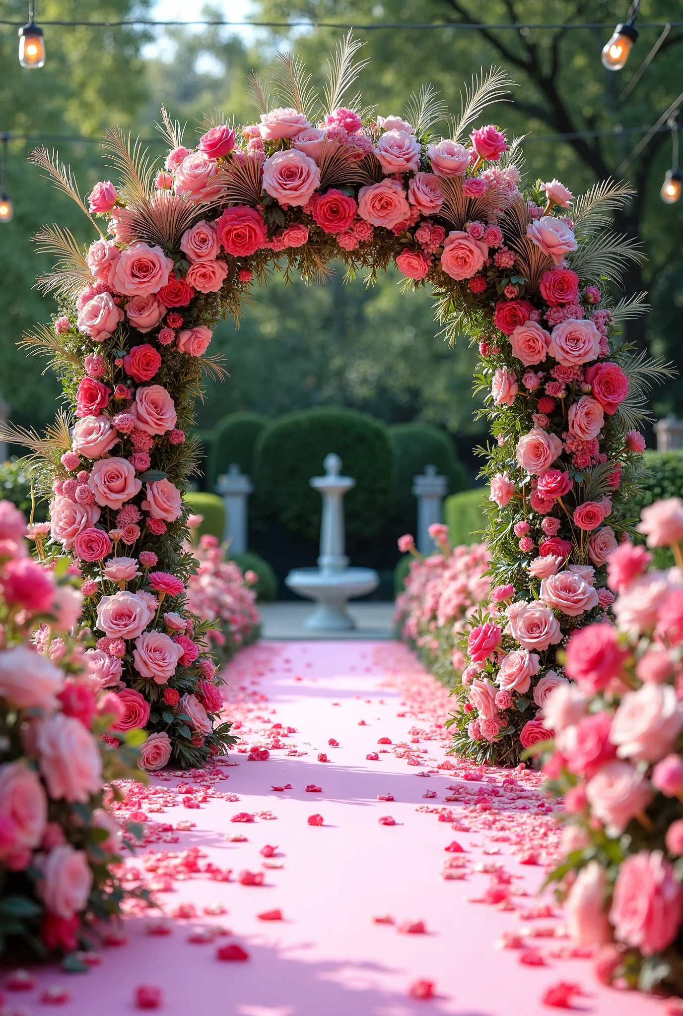 Arafed archway with pink flowers and greenery in a garden - SeaArt AI