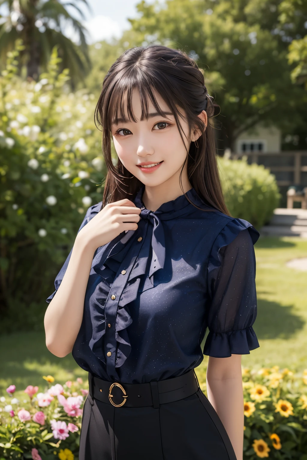 ((Highest quality, 8K, Representative works in detail, Ultra-high resolution)), (Looking at the audience), Attractive woman, ((Big Breasts)), smile, ((Black Choker)), Slim figure, (blue eyes), Long eyelashes, bangs, Beautiful shiny brown hair, Nogizaka idol, Slim face、((Checked shirt、flare skirt、Full body portrait)), Millionaire's daughter、Dependents、Glossy straight hair、((Mountain trail、look up、Nice views)), Red lipstick, ((Mountainous Regions))、blue sky、Healthy Thighs、A dreamy look、Fanatics、servant、((Long, thin fingers、Very long fingers、Red manukia、ring)), Earrings