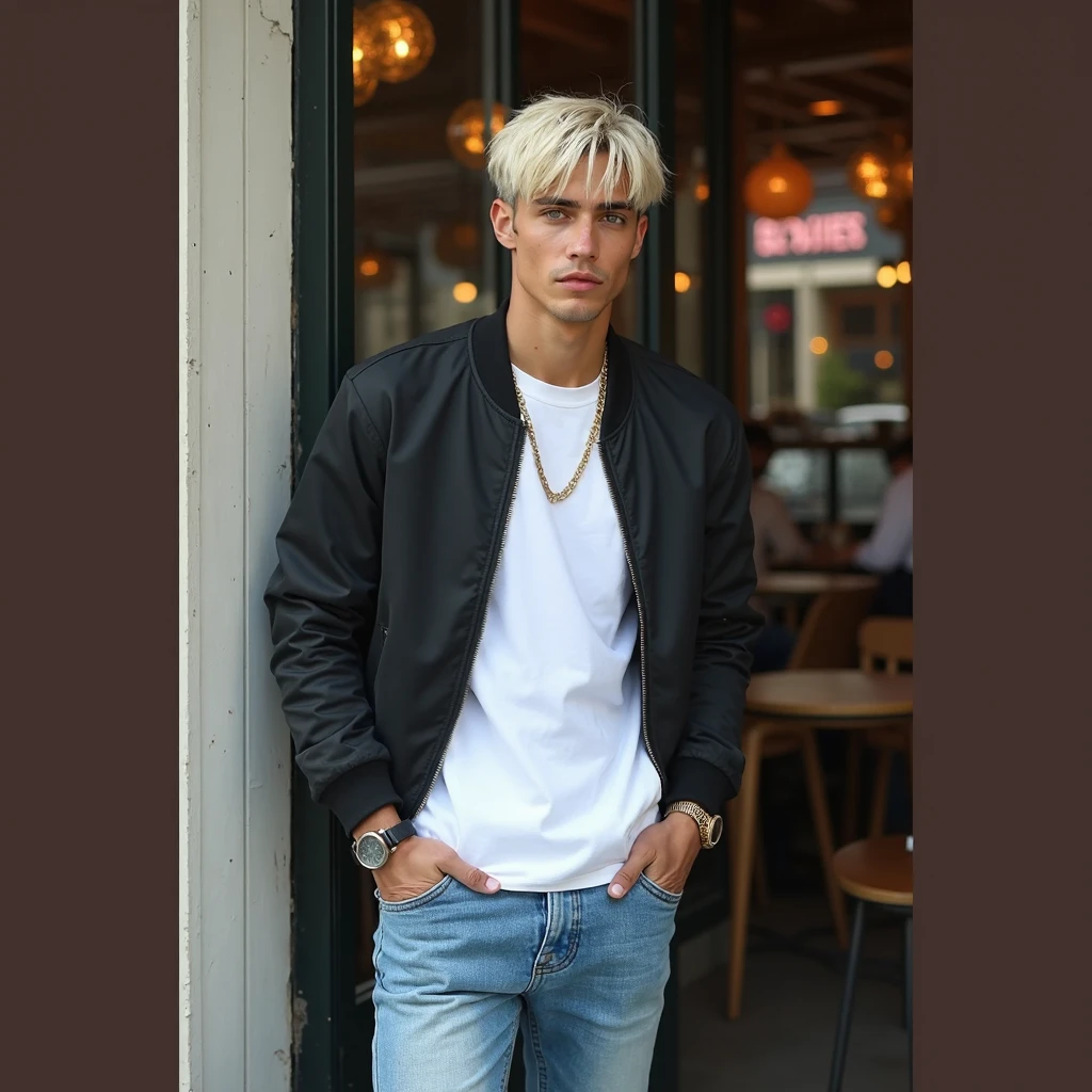 Hombre de cabello blanco y ojos azules, en mitad de un ciudad.