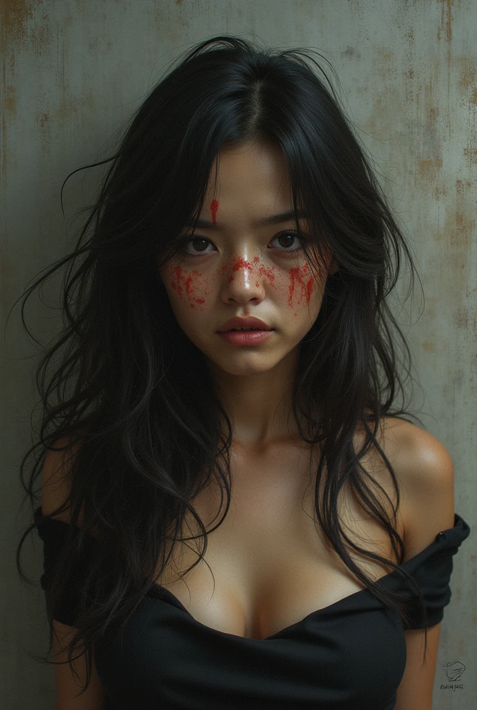 realistic image of a 17 year old girl Has large breasts, wears black clothes and black loose training pants, has scratches on her cheeks, and stab wounds on her breasts.