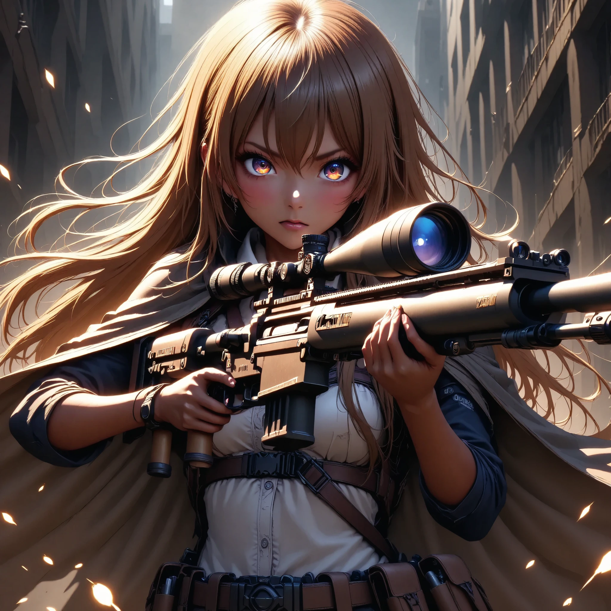 Beautiful female sniper in a sniper position in the apocalyptic world 、 sniper rifle with a cape、 anatomically correct posture 、 equipped with lots of tools on a tanned leather tool belt、Full Harness、 perfect eyes、Glossy brown skin 、Tattered clothes、 movie light effects,