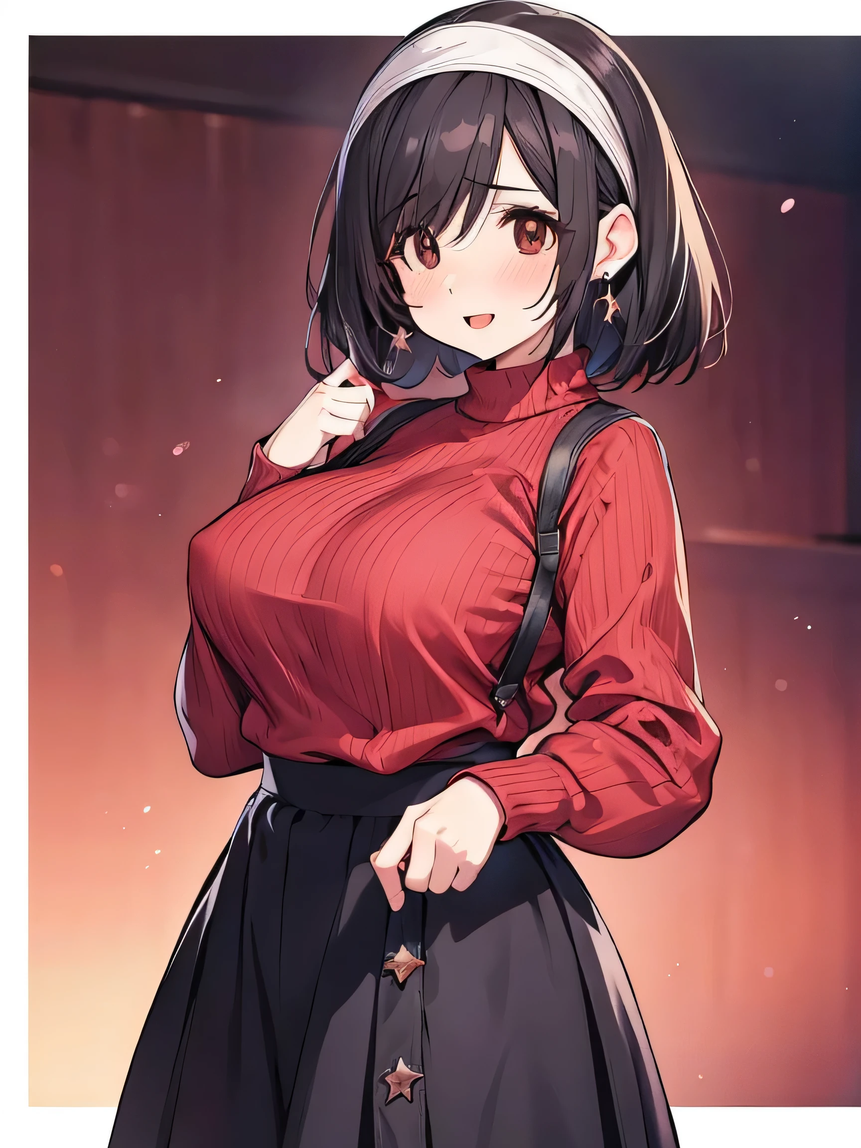 Married Woman、Mother、(Mature Woman:1.8)、 black hair、Brown Eyes、( droopy eyes :1.6)、Narrow eyes、 a mole on the outer corner of the eye、Teardrop mole、Mole on chest、 bob cut、 fluffy hair、Hair that bounces out、 hair between eyes、Disheveled Hair、 unkempt hair、 glamour、Sideboob、Big Breasts、 jumper skirt、 knitted sweater、 Shiny Lips、 Detailed Anime Style 、 anime paint、Digital drawing、Anime Face、 high quality、 high detail、 super high resolution、Sharpness、 sharp outline、( cowboy shot:1.6)、 perfect anatomy , (blush), ((red lips)), Open mouth, Smiling、Earrings、Headband、