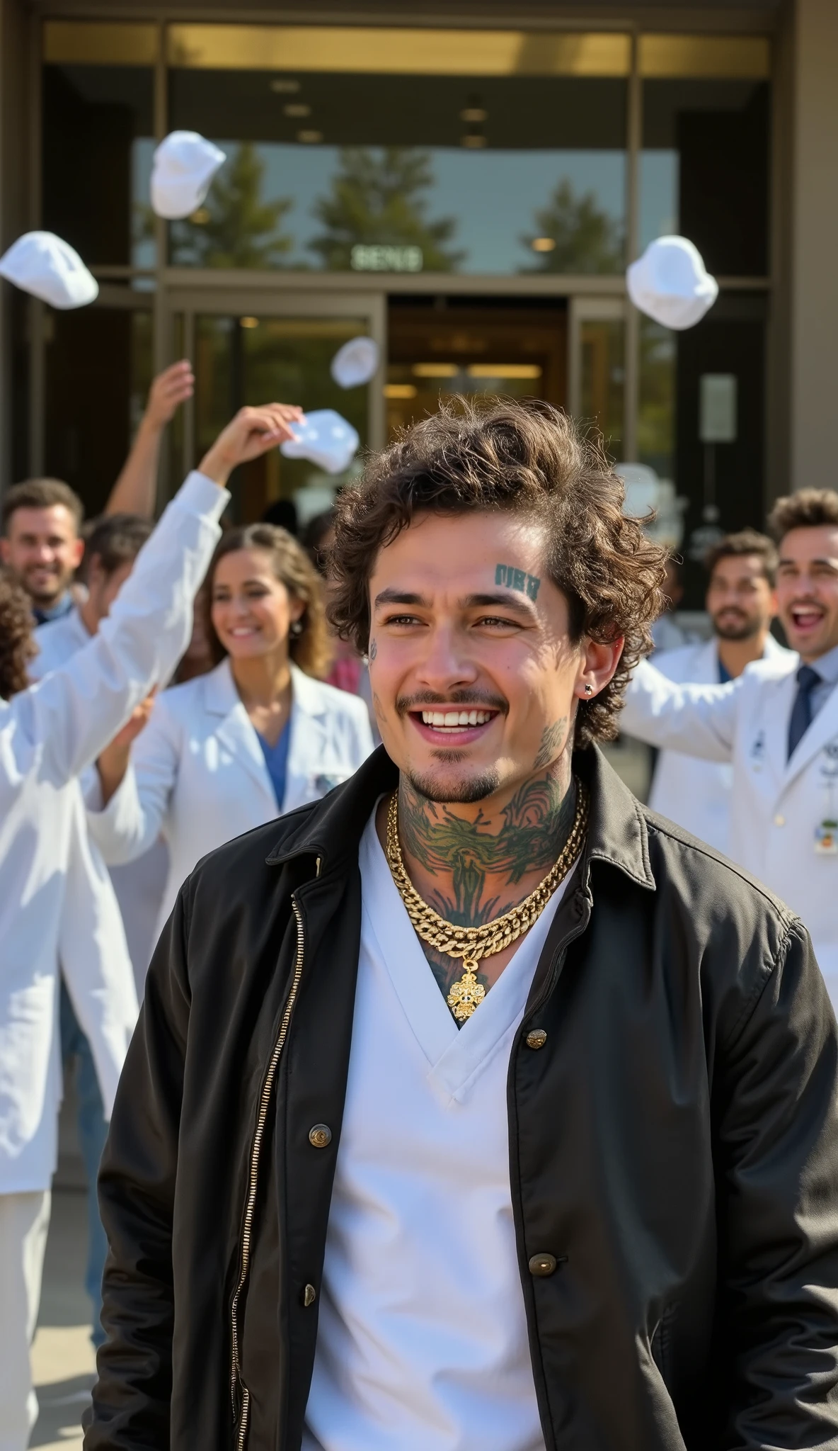 A hyper-realistic cinematic shot of a young man walking confidently out of a rehab hospital. **The man has sharp facial features, short curly hair, multiple tattoos on his neck and face, and a cocky smirk. His eyes are slightly squinted, reflecting his joy. He wears an open designer jacket over a plain white shirt, gold jewelry shining in the sunlight.**
Behind him, a group of doctors and nurses in white coats are celebrating, throwing their caps in the air. The entrance of the hospital is modern with large glass doors reflecting sunlight.
