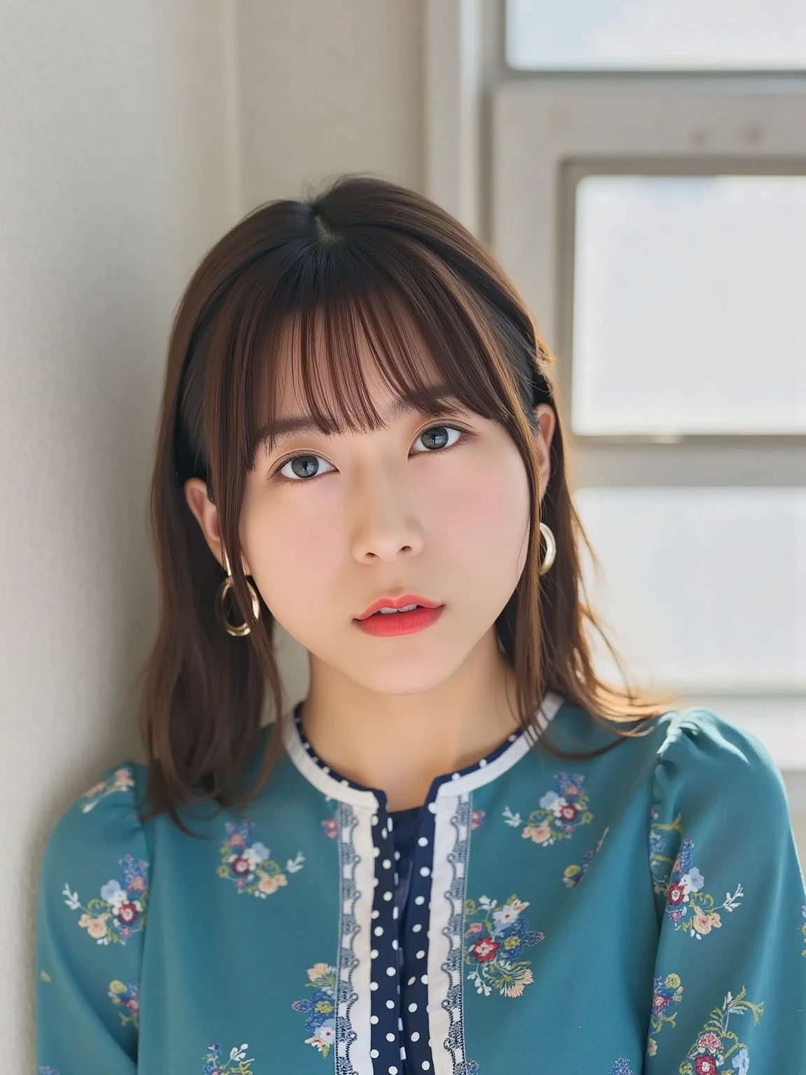 Hamabe . 彼女teeth色白でストレートの, Shoulder length, dark brown hair with bangs surrounding her face . 彼女の目teeth大きくて表情豊かです , 、唇にteethほのかな笑顔が浮かんでいます , gives a gentle, approachable vibe . 彼女teeth鮮やかな, 全体の照明teeth、 natural and soft , red, yellow, adds color accents to the image . ブラウスteethハイカラーで、 navy blue polka dot trim . 彼女の手teeth首の近くに繊細に配置されています , the focus is on her face and upper body 、指teethあご , creates a gentle and calm gesture . The background is slightly blurred, teeth、 walls, windows, etc. 、teethっきりしない要素がある屋外の環境を示唆しています, blouse 、焦点teeth顔と上半身にあります . with a teal floral blouse , highlights the smoothness of the skin and the subtle details of her outfit .