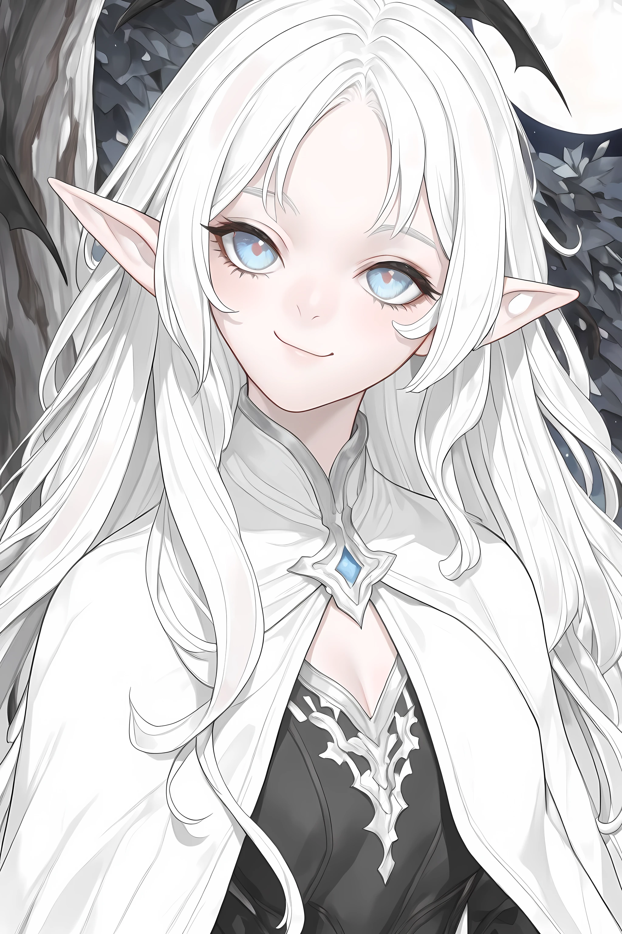 a portrait of a female elf vampire traveling on the forest road, an exquisite beautiful female elf (ultra details, Masterpiece, best quality), red hair, small pointed ears, pale skin, long hair, blue eyes, smirking, wearing dark black silk dress, intricate dress, dress (ultra details, Masterpiece, best quality), white cloak, in dark fantasy forest at night, dark trees, the moon is high in the sky, best anatomy, high details, best quality, 16k, [ultra detailed], masterpiece, best quality, (extremely detailed), close up, ultra wide shot, photorealistic, RAW, fantasy art, dnd art, fantasy art, realistic art,((best quality)), ((masterpiece)), (detailed), perfect face, RAW, dark fantasy art, 