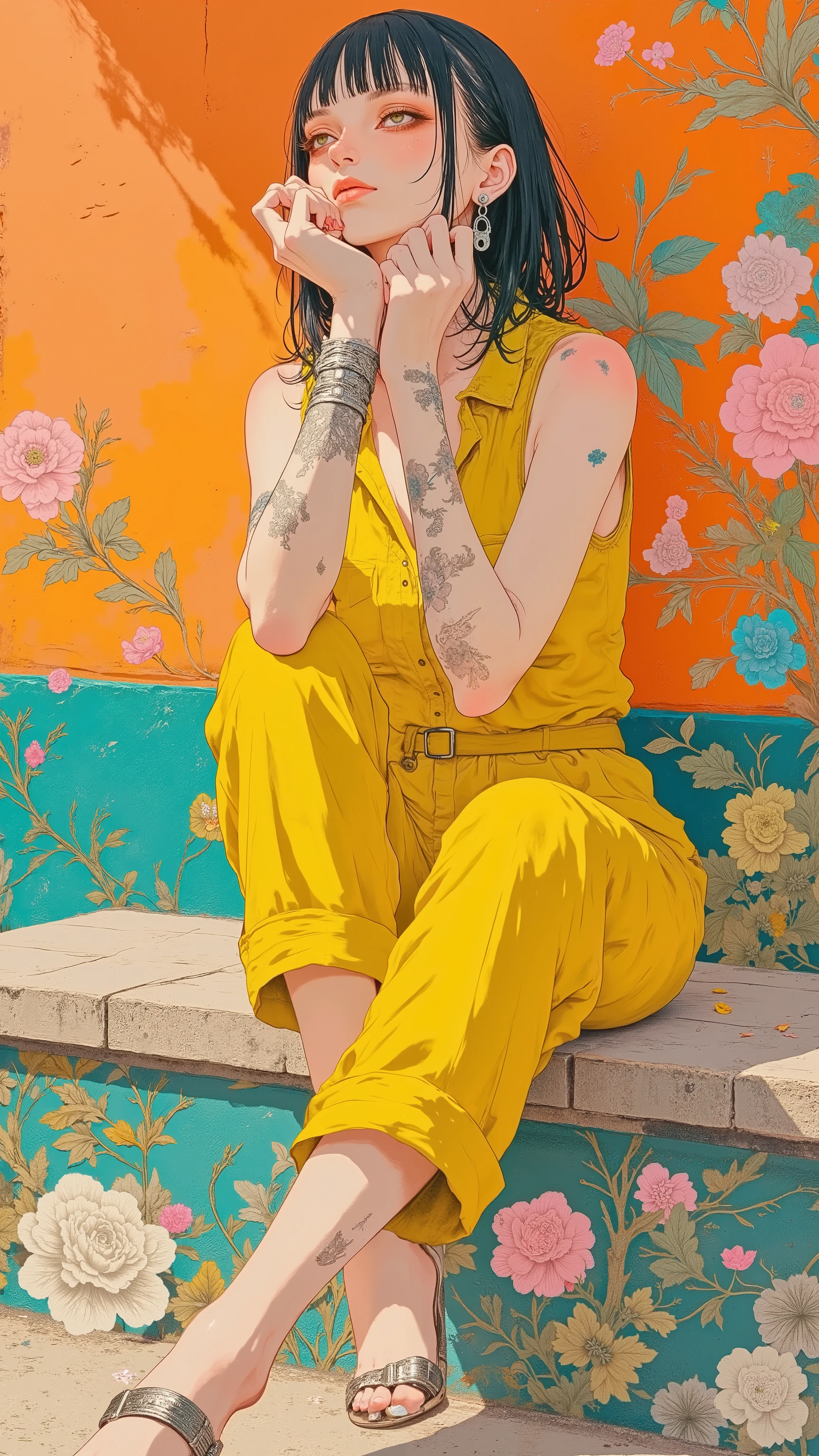 8k, masterpiece, highest quality, Surrealism, Beautiful Women, Low-angle viewpoint. Dark hair, bangs, closed eyes, serene expression. Yellow jumpsuit, silver sandals. Relaxed, legs crossed, contemplative pose. Orange and teal textured wall, flower detail.
