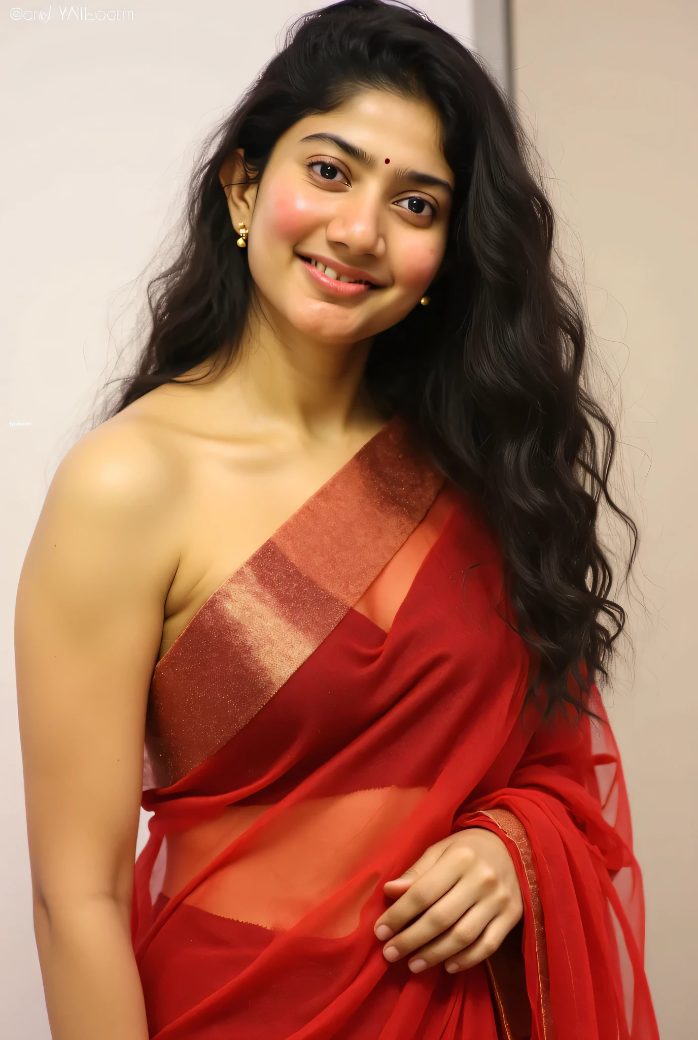 sai pallavi beautiful actress full body, wearing red transparent saree with sleeveless, showing sexy navel, realistic image, photoshoot, enhanced details, standing straight