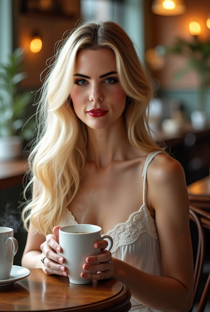 A photo of herself at a trendy cafe,original,Tall bleach blonde woman, loads of makeup, huge boob job, bbl