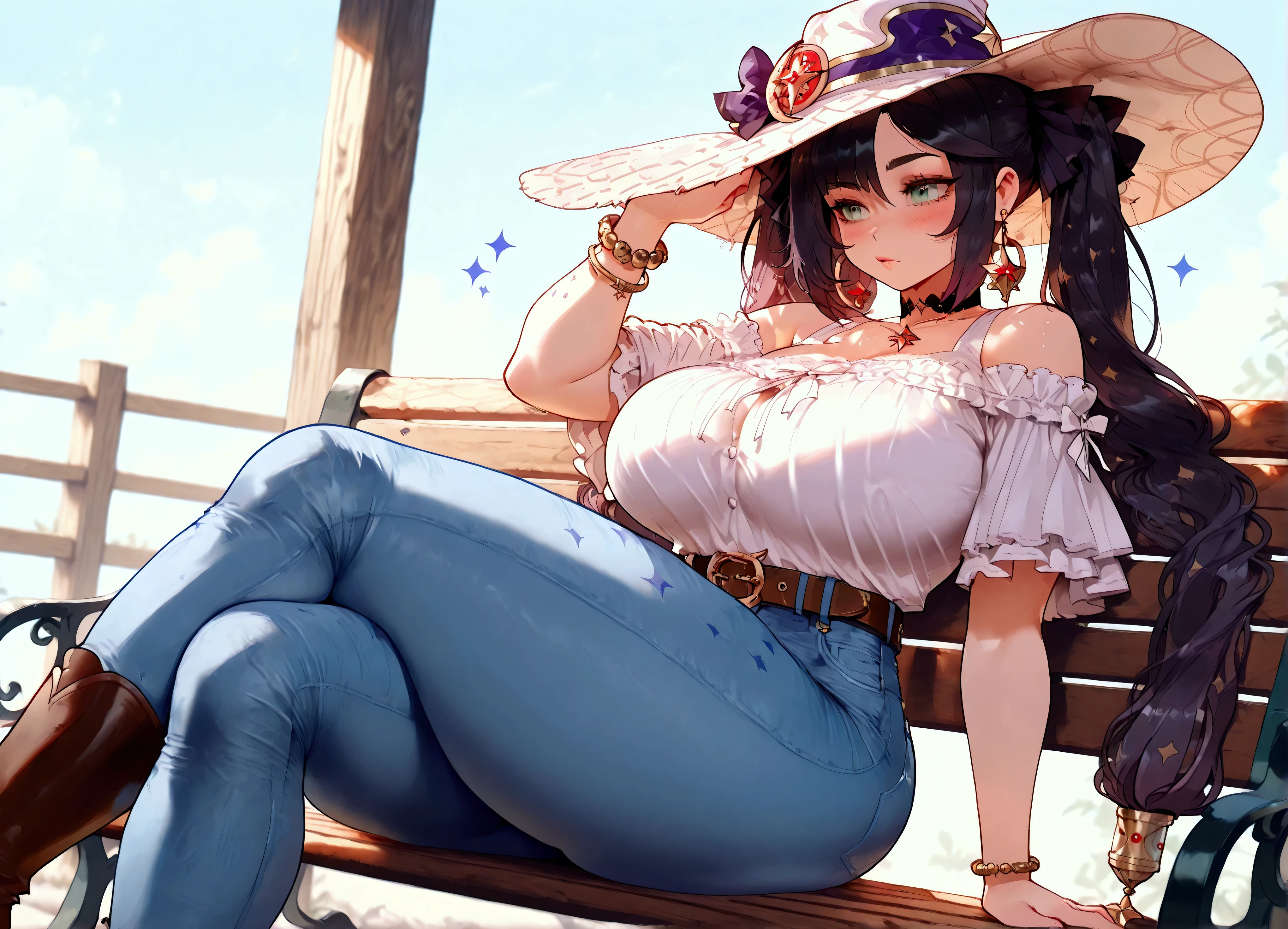 Mona, she has huge breasts, very voluminous thighs, she has short jeans with a belt, a white blouse and brown boots, she has a purple bracelet and hoop earrings, she is sitting on a bench in some gardens.