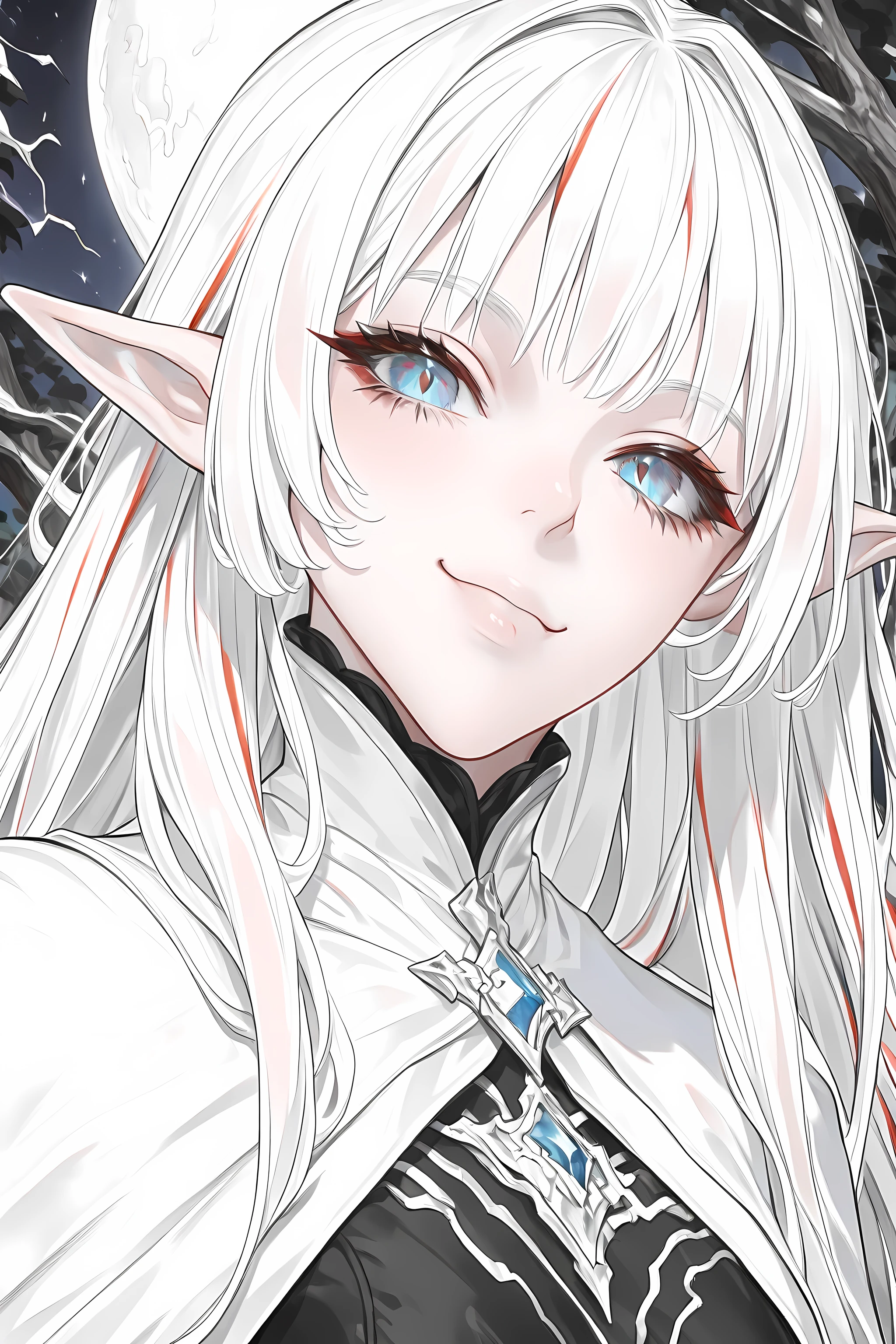 a portrait of a female elf vampire traveling on the forest road, an exquisite beautiful female elf (ultra details, Masterpiece, best quality), red hair, small pointed ears, pale skin, long hair, blue eyes, smirking, wearing dark black silk dress, intricate dress, dress (ultra details, Masterpiece, best quality), white cloak, in dark fantasy forest at night, dark trees, the moon is high in the sky, best anatomy, high details, best quality, 16k, [ultra detailed], masterpiece, best quality, (extremely detailed), close up, ultra wide shot, photorealistic, RAW, fantasy art, dnd art, fantasy art, realistic art,((best quality)), ((masterpiece)), (detailed), perfect face, RAW, dark fantasy art, bl00dyfs