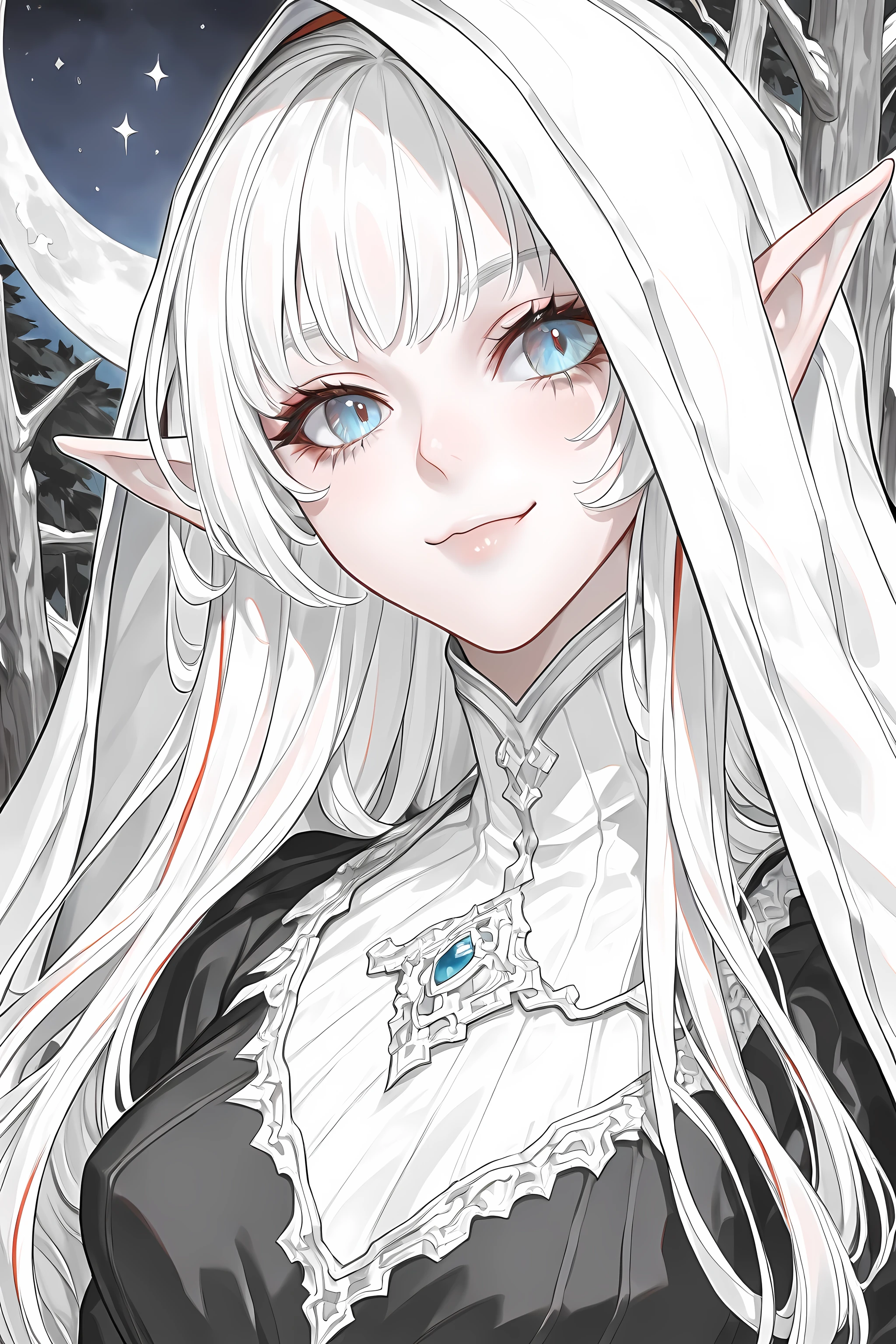 a portrait of a female elf vampire traveling on the forest road, an exquisite beautiful female elf (ultra details, Masterpiece, best quality), red hair, small pointed ears, pale skin, long hair, blue eyes, smirking, wearing dark black silk dress, intricate dress, dress (ultra details, Masterpiece, best quality), white cloak, in dark fantasy forest at night, dark trees, the moon is high in the sky, best anatomy, high details, best quality, 16k, [ultra detailed], masterpiece, best quality, (extremely detailed), close up, ultra wide shot, photorealistic, RAW, fantasy art, dnd art, fantasy art, realistic art,((best quality)), ((masterpiece)), (detailed), perfect face, RAW, dark fantasy art, bl00dyfs