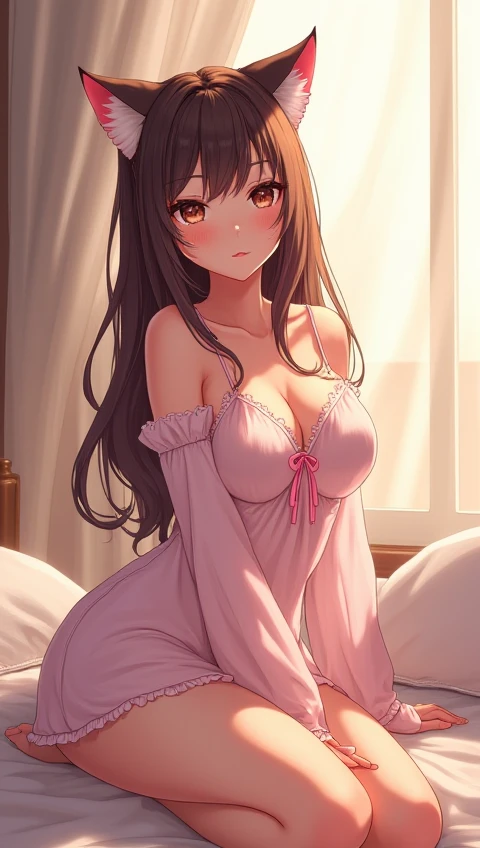 anime、beautiful girl、brown hair、black eyes shine、room、beautiful breasts、pajamas、Apologies、night