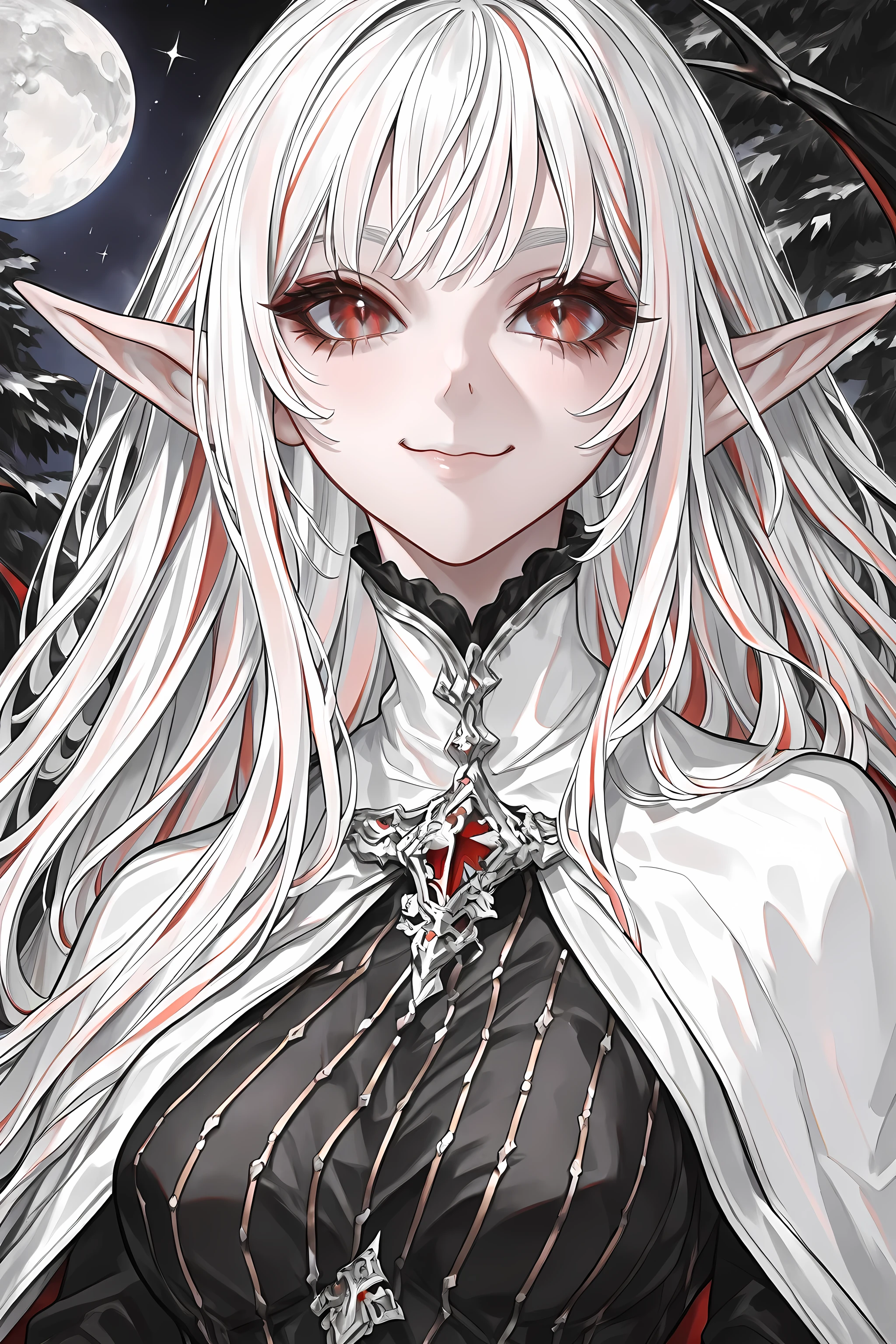 a portrait of a female elf vampire traveling on the forest road, an exquisite beautiful female elf (ultra details, Masterpiece, best quality), red hair, small pointed ears, pale skin, long hair, red eyes, smirking, wearing dark black silk dress, intricate dress, dress (ultra details, Masterpiece, best quality), white cloak, in dark fantasy forest at night, dark trees, the moon is high in the sky, best anatomy, high details, best quality, 16k, [ultra detailed], masterpiece, best quality, (extremely detailed), close up, ultra wide shot, photorealistic, RAW, fantasy art, dnd art, fantasy art, realistic art,((best quality)), ((masterpiece)), (detailed), perfect face, RAW, dark fantasy art, bl00dyfs