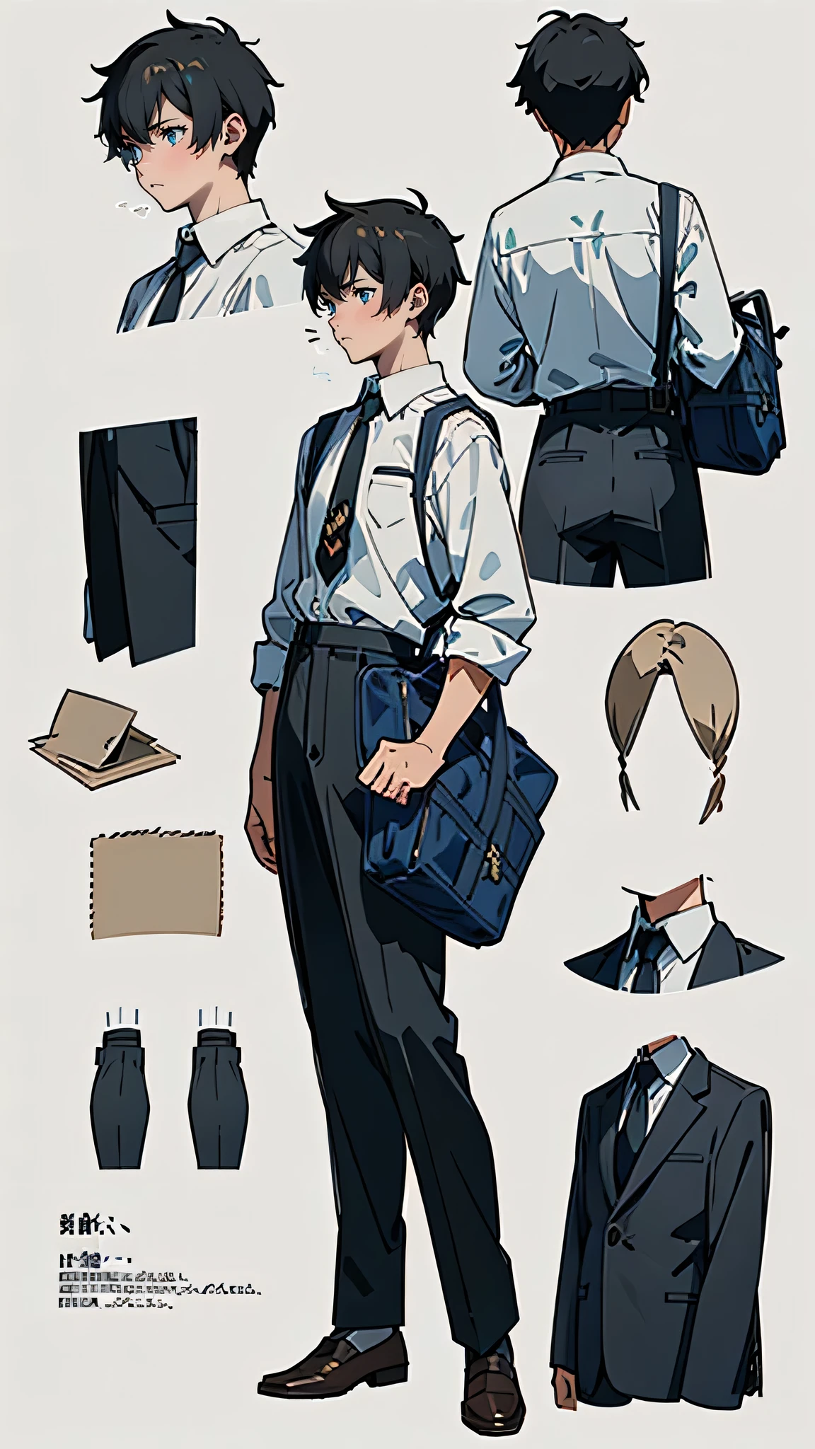 “A detailed anime character sheet of a high school boy set in a rural countryside setting. The character is , with short black hair that is slightly messy, and warm brown eyes. His outfit includes a traditional Japanese school uniform: a white shirt, a loosely tied dark tie, and black slacks. The character design includes full body illustrations with front view, side view, and back view, as well as multiple expressions (calm, thoughtful, and slightly smiling). The background is simple and gray to focus on the details of the character. His posture is relaxed, with a school bag casually slung over one shoulder. Additional details include slight scuffs on his shoes and faint creases in his uniform, reflecting a modest and practical lifestyle.”