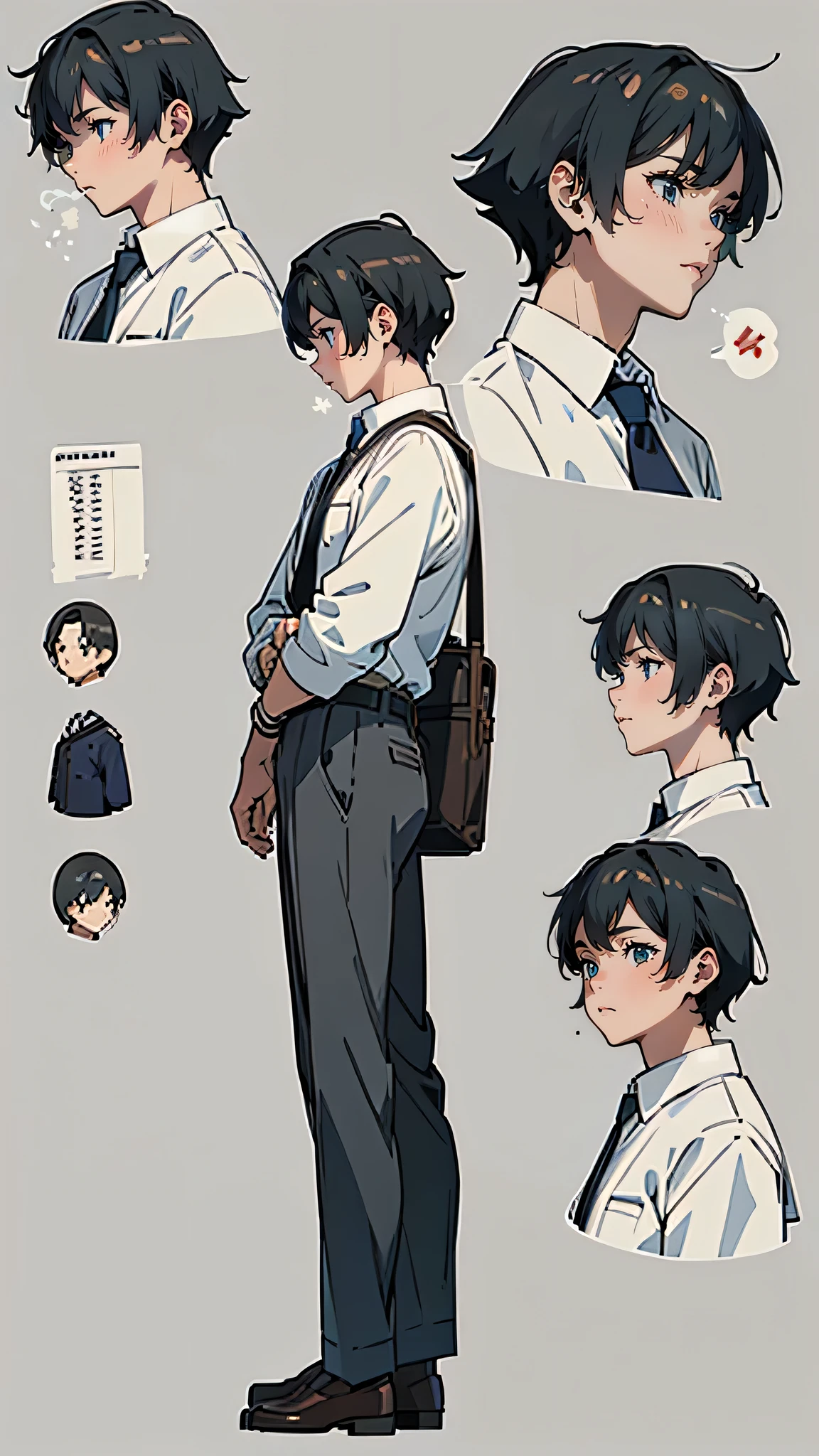 “A detailed anime character sheet of a high school boy set in a rural countryside setting. The character is , with short black hair that is slightly messy, and warm brown eyes. His outfit includes a traditional Japanese school uniform: a white shirt, a loosely tied dark tie, and black slacks. The character design includes full body illustrations with front view, side view, and back view, as well as multiple expressions (calm, thoughtful, and slightly smiling). The background is simple and gray to focus on the details of the character. His posture is relaxed, with a school bag casually slung over one shoulder. Additional details include slight scuffs on his shoes and faint creases in his uniform, reflecting a modest and practical lifestyle.”