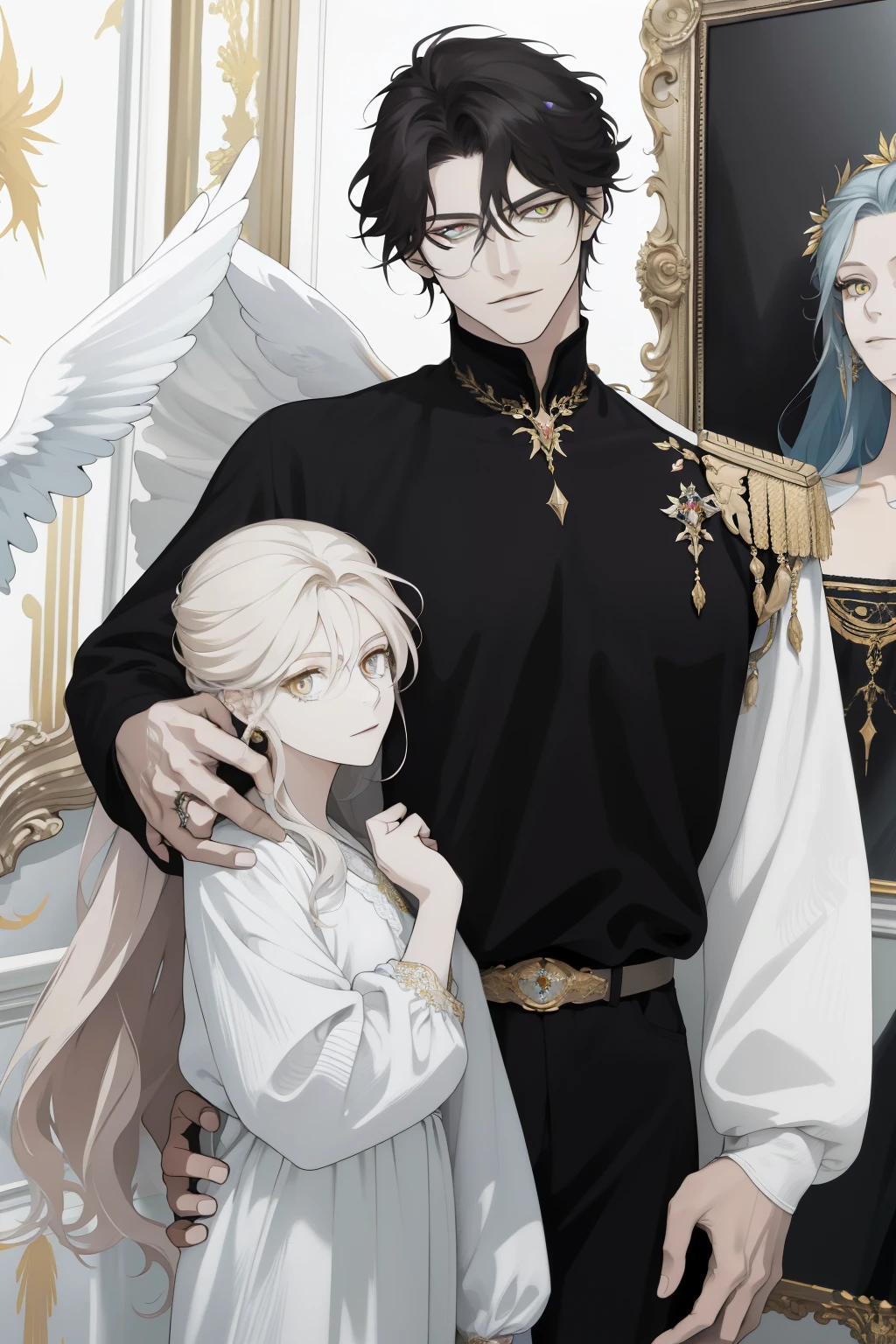 ( absurd, High resolution, extremely detailed), When I noticed a paint on the wall.
It was a portrait of my family .
Zephyr was next to . Valendrya . Her dark hair and golden eyes looked a lot like mine.
I stood in front of her With Valsendrake and Icarus by my side .
paint