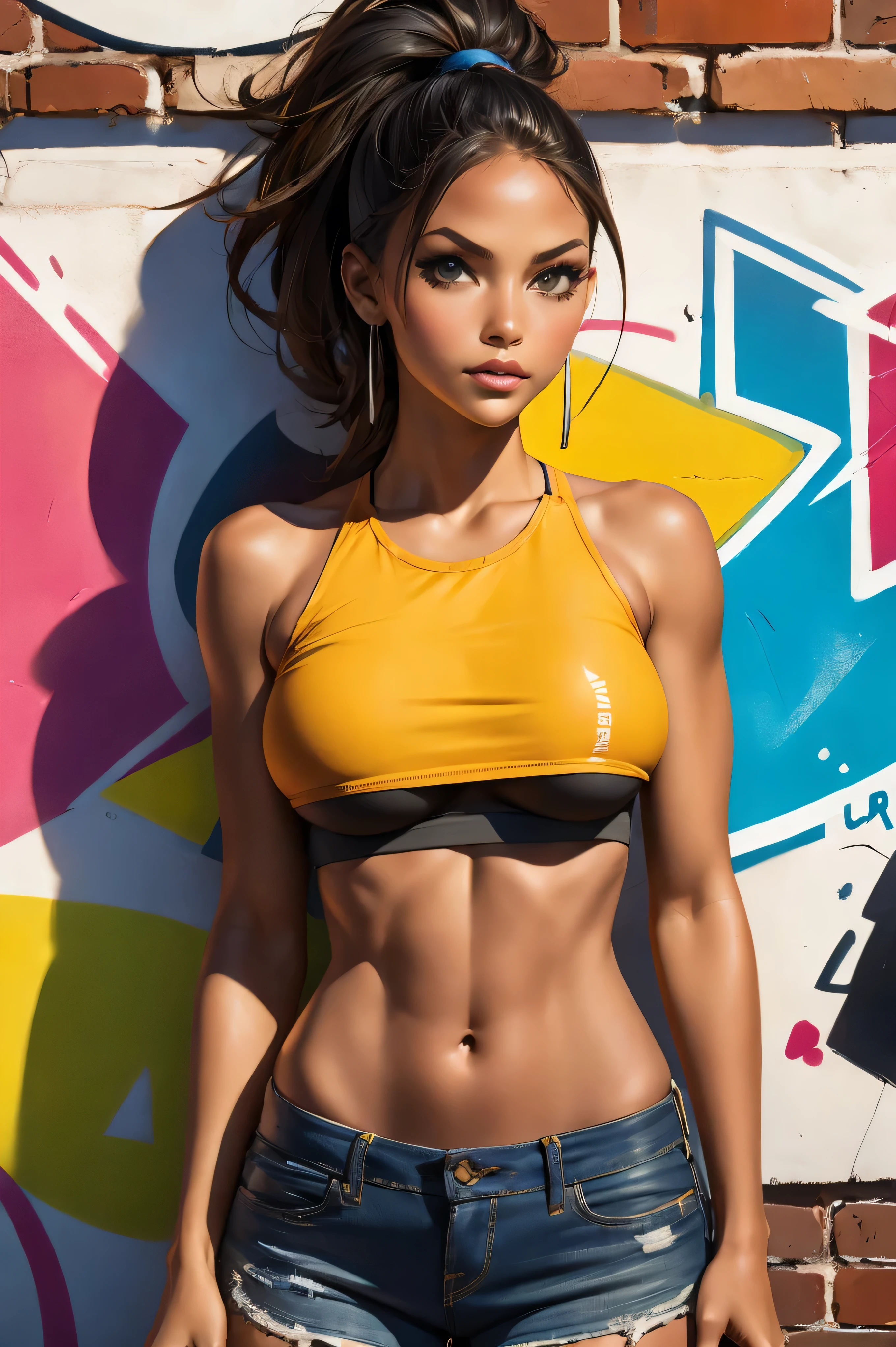 (best quality), (high detail), (vivid colors), (graffiti style), (freestyle), (Close up), (1girl), young sexy female college girl, big breast, hard nips, tight top, crop top, ((under-boob)), ((slim fit body)), ((skinny)), posing in front of a brick wall painted with street art, HDR, 8K, 3D, graffiti art style, waist chain, pierced bellybutton,