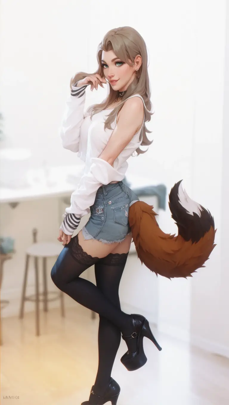 from behind, from below, finest image, butt wearing fluffy woolen pants, cute cat embroidery on the frayed part