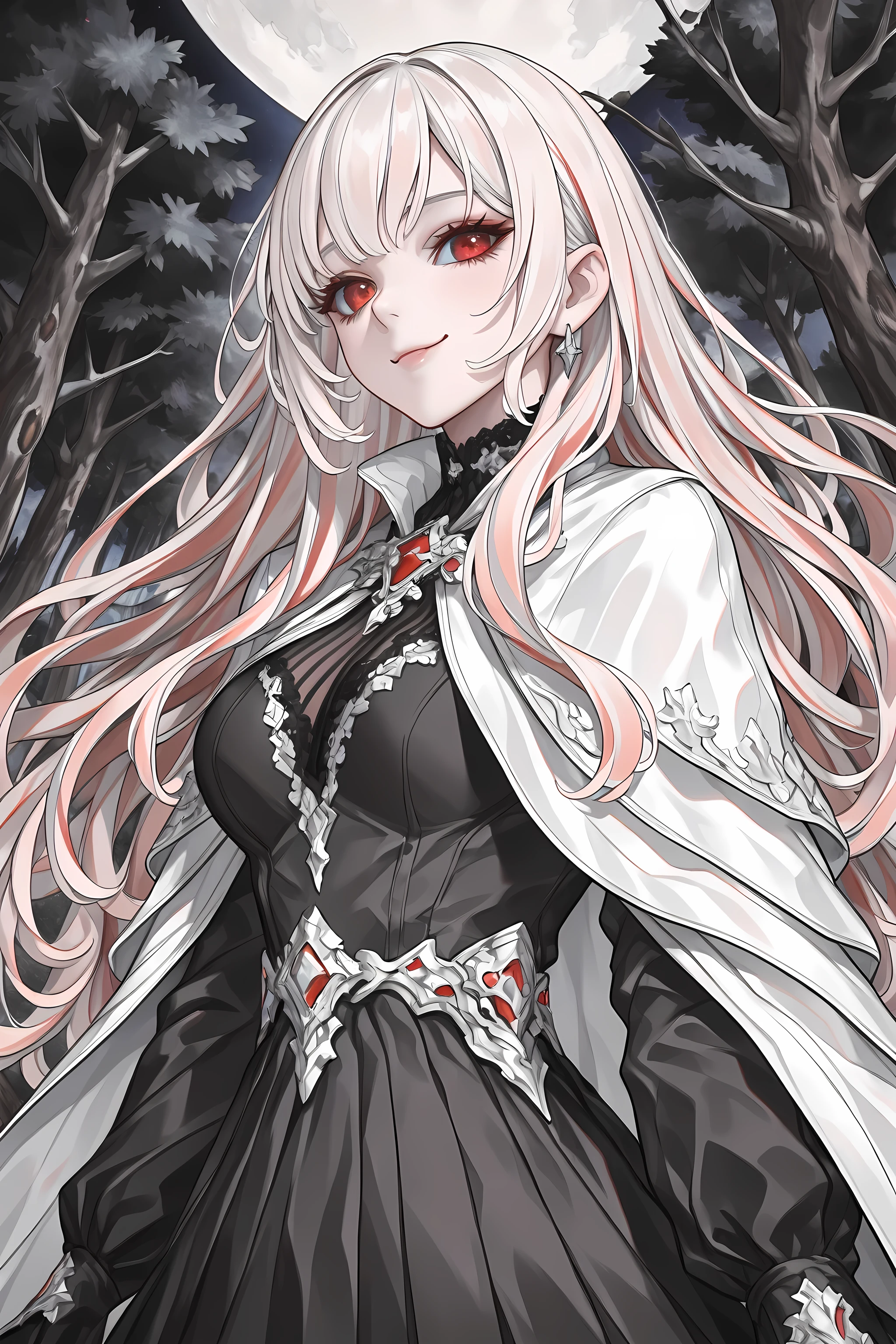 a portrait of a female vampire traveling on the forest road, an exquisite beautiful woman(ultra details, Masterpiece, best quality), red hair, pale skin, long hair, red eyes, smirking, wearing dark black silk dress, busty, intricate dress, dress (ultra details, Masterpiece, best quality), white cloak, in dark fantasy forest at night, dark trees, the moon is high in the sky, best anatomy, high details, best quality, 16k, [ultra detailed], masterpiece, best quality, (extremely detailed), close up, ultra wide shot, photorealistic, RAW, fantasy art, dnd art, fantasy art, realistic art,((best quality)), ((masterpiece)), (detailed), perfect face, RAW, dark fantasy art, bl00dyfs