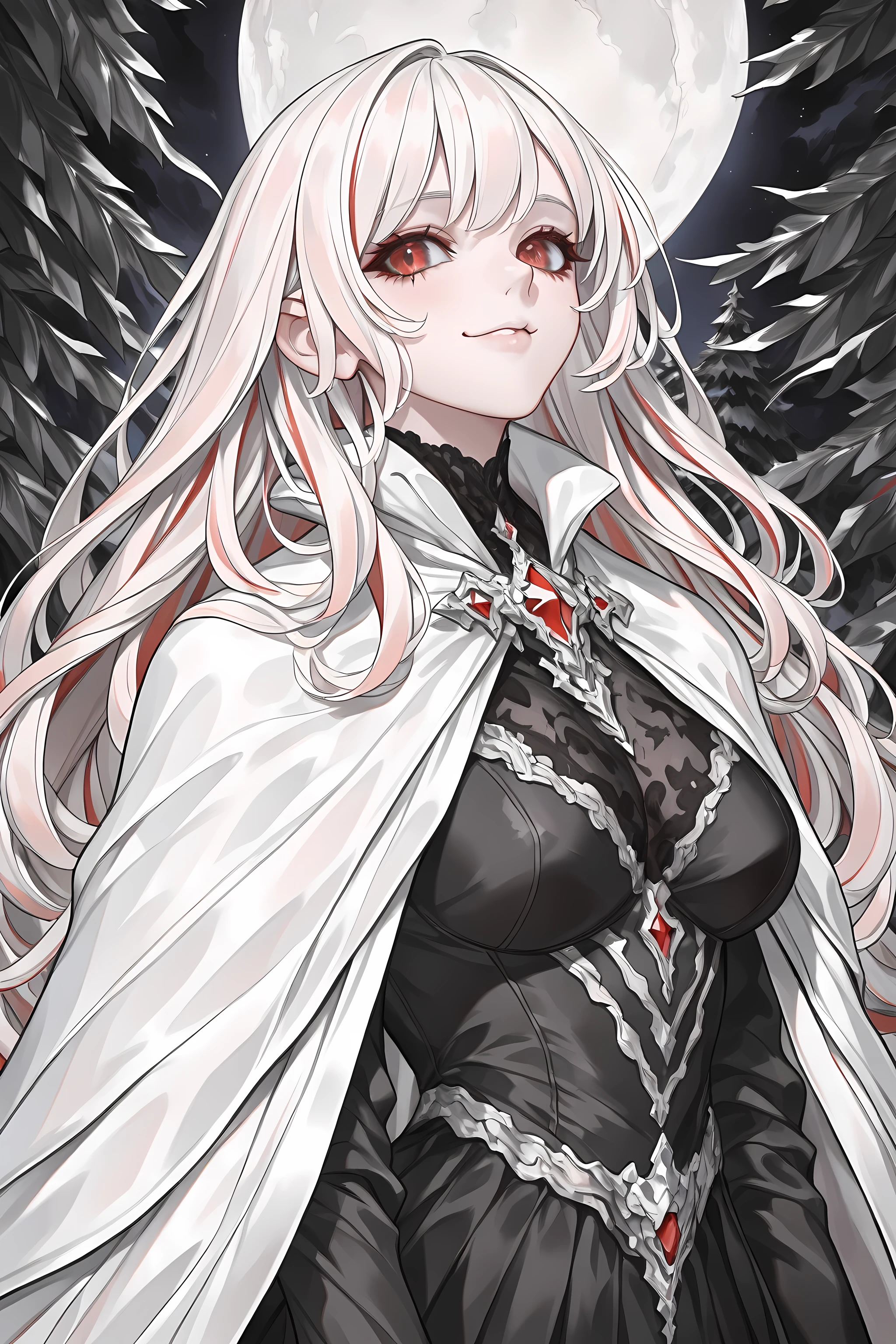 a portrait of a female vampire traveling on the forest road, an exquisite beautiful woman(ultra details, Masterpiece, best quality), red hair, pale skin, long hair, red eyes, smirking, wearing dark black silk dress, busty, intricate dress, dress (ultra details, Masterpiece, best quality), white cloak, in dark fantasy forest at night, dark trees, the moon is high in the sky, best anatomy, high details, best quality, 16k, [ultra detailed], masterpiece, best quality, (extremely detailed), close up, ultra wide shot, photorealistic, RAW, fantasy art, dnd art, fantasy art, realistic art,((best quality)), ((masterpiece)), (detailed), perfect face, RAW, dark fantasy art, bl00dyfs