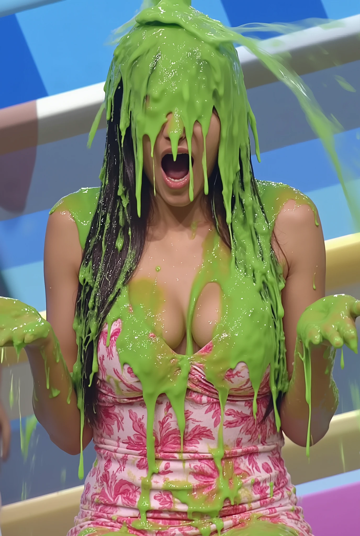 (surreal), (illustration), (high resolution), (8K), (very detailed), (best illustration), (smart short black hair), (beautiful and detailed black eyes), (best quality), (super detailed), (masterpiece), (wallpaper), (detailed face), solo, (dynamic pose), 1 female, (Japanese girl), open legs, transparent sludge, green sludge, glowing skin, Firm elastic medium breasts, Round plump elastic buttocks, sheer, moaning, enjoyment, looking at the audience, (no bra), show off, pink sludge on hair and skin, Shocked Asian woman covered in pink sludge, blue sludge dripping, greenish liquid, green slime, pink sludge everywhere, character is covered in liquid, sludge, dripping goo, oozing wet and slimy, beautiful colorful liquid, expressing humiliation, Asian woman covered in slime!!, blue slime pouring down from above, falling green oatmeal splash, wet and slimy, dripping goo, slimy and hot, thick oatmeal, splashing goo, oozing slime, beautiful liquid